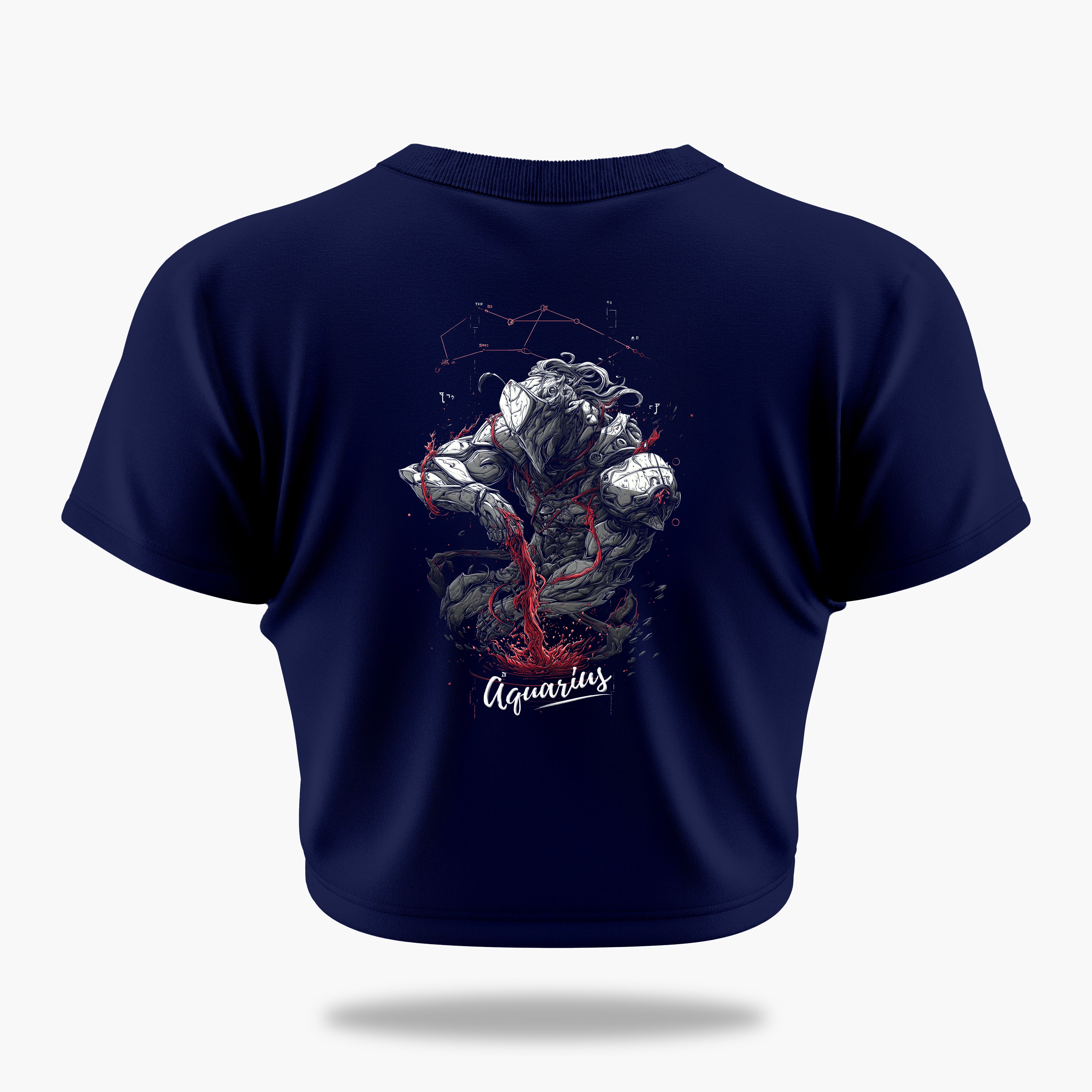 cosmic zodiac warrior aquarius crop top backprint graphic t-shirt, navy blue, back view