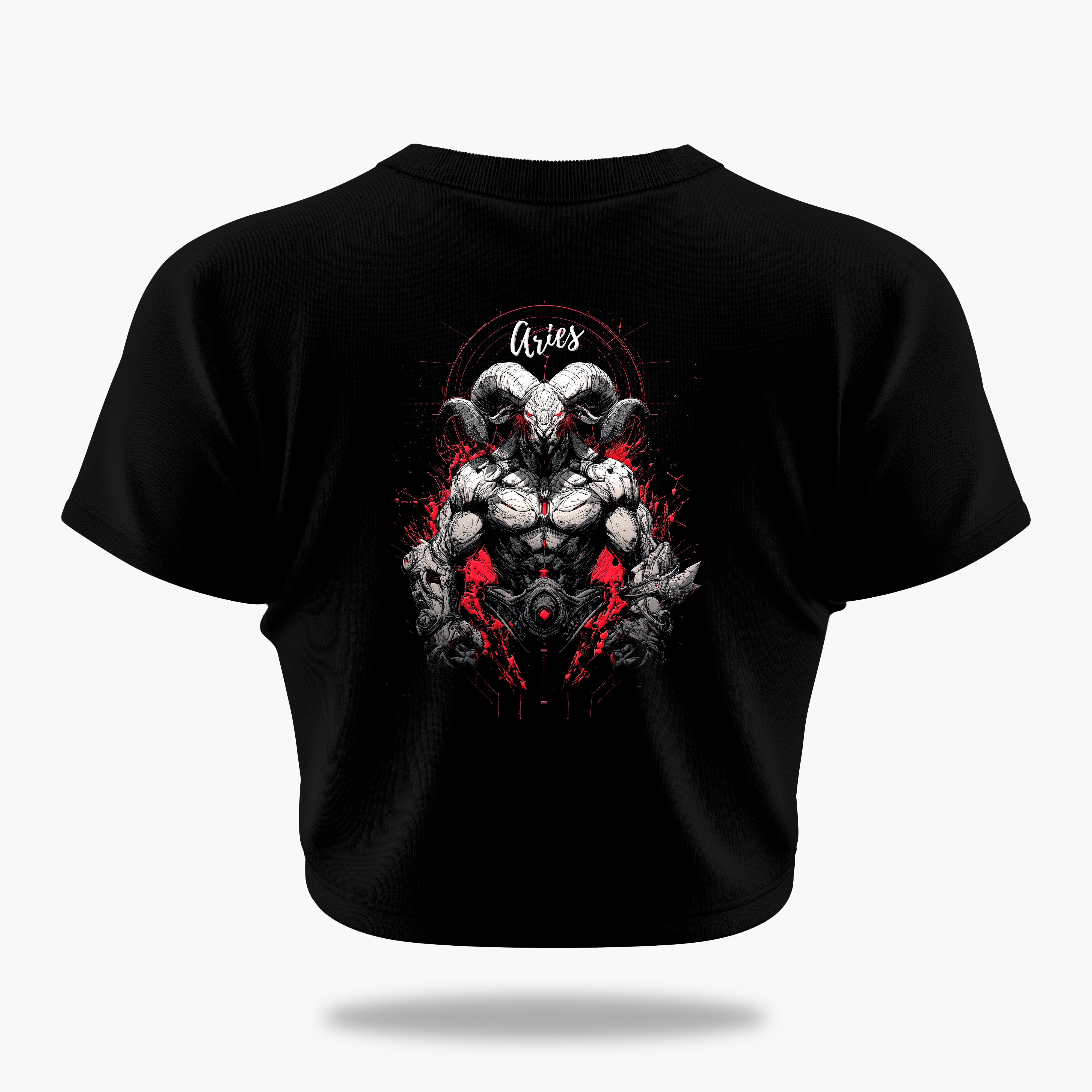 cosmic zodiac warrior aries crop top backprint graphic t-shirt, black, back view