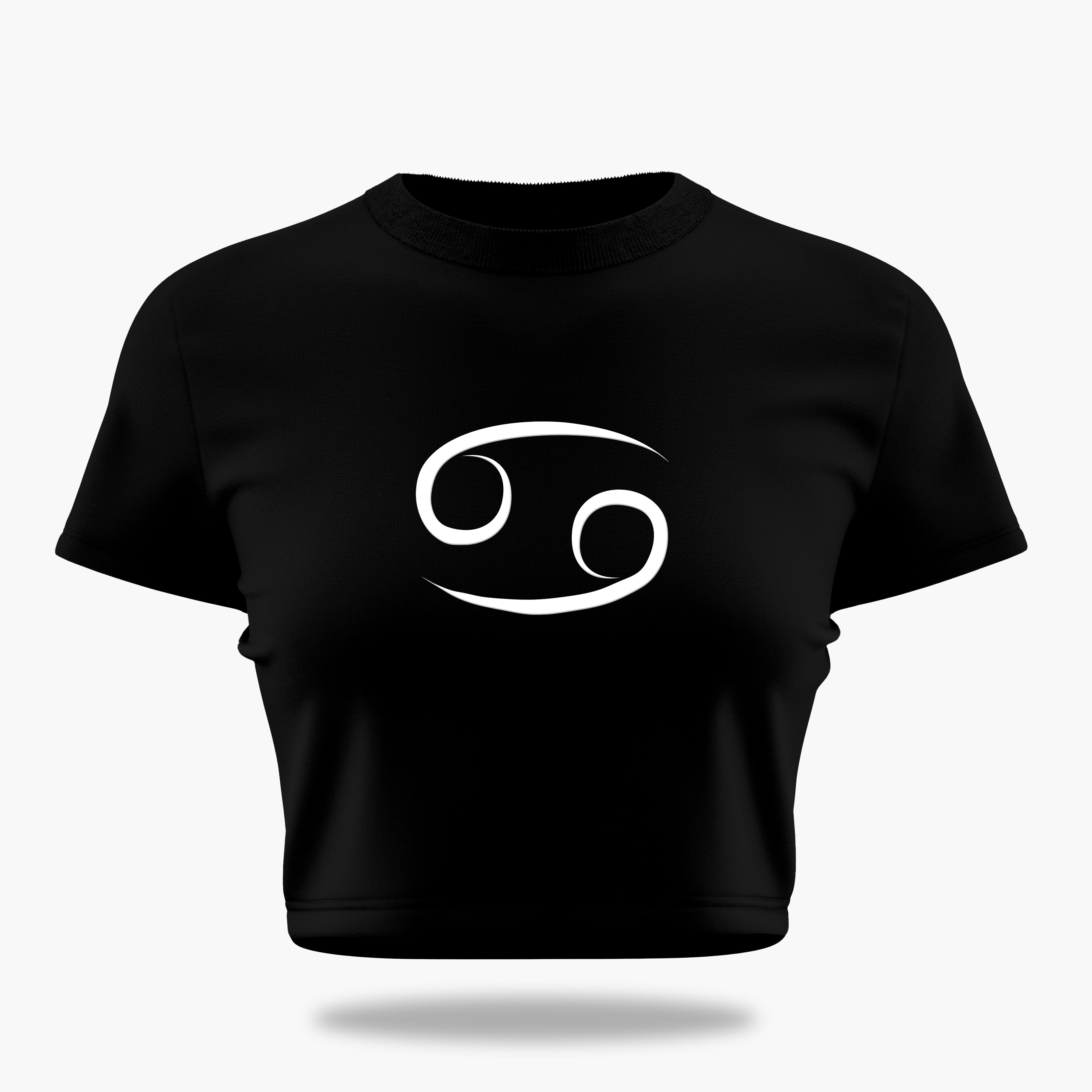 cosmic zodiac warrior cancer crop top backprint graphic t-shirt, black, front view
