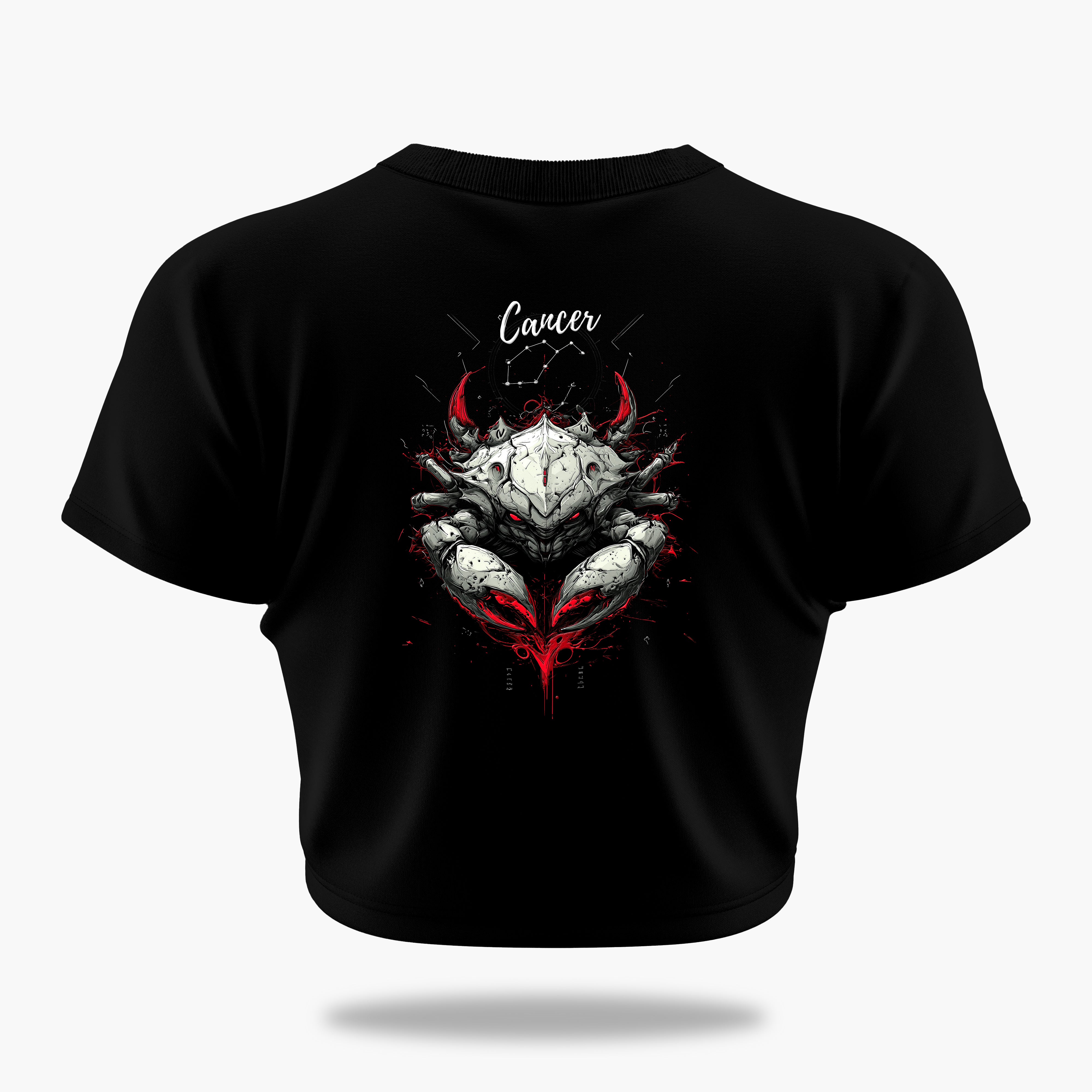 cosmic zodiac warrior cancer crop top backprint graphic t-shirt, black, back view