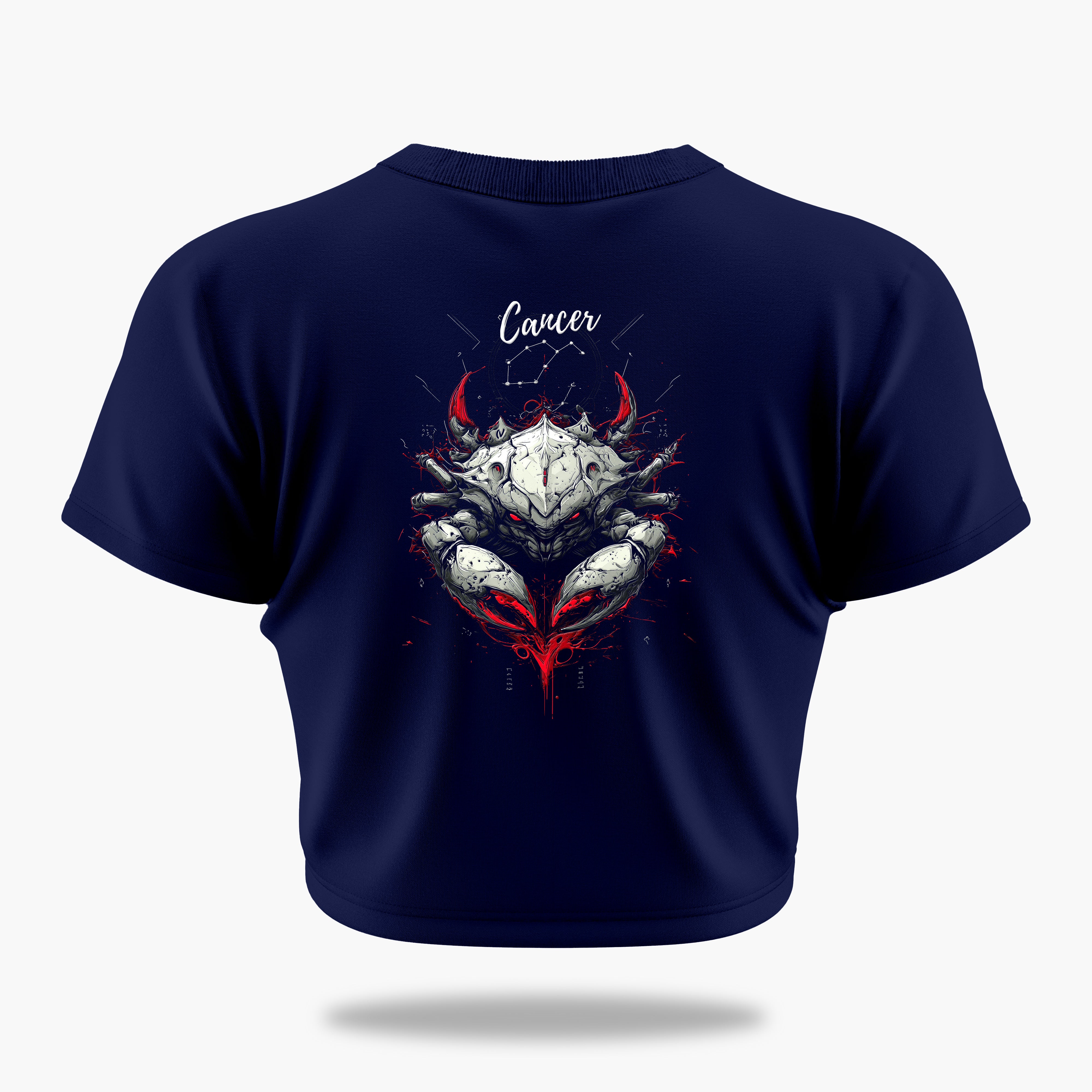 cosmic zodiac warrior cancer crop top backprint graphic t-shirt, navy blue, back view