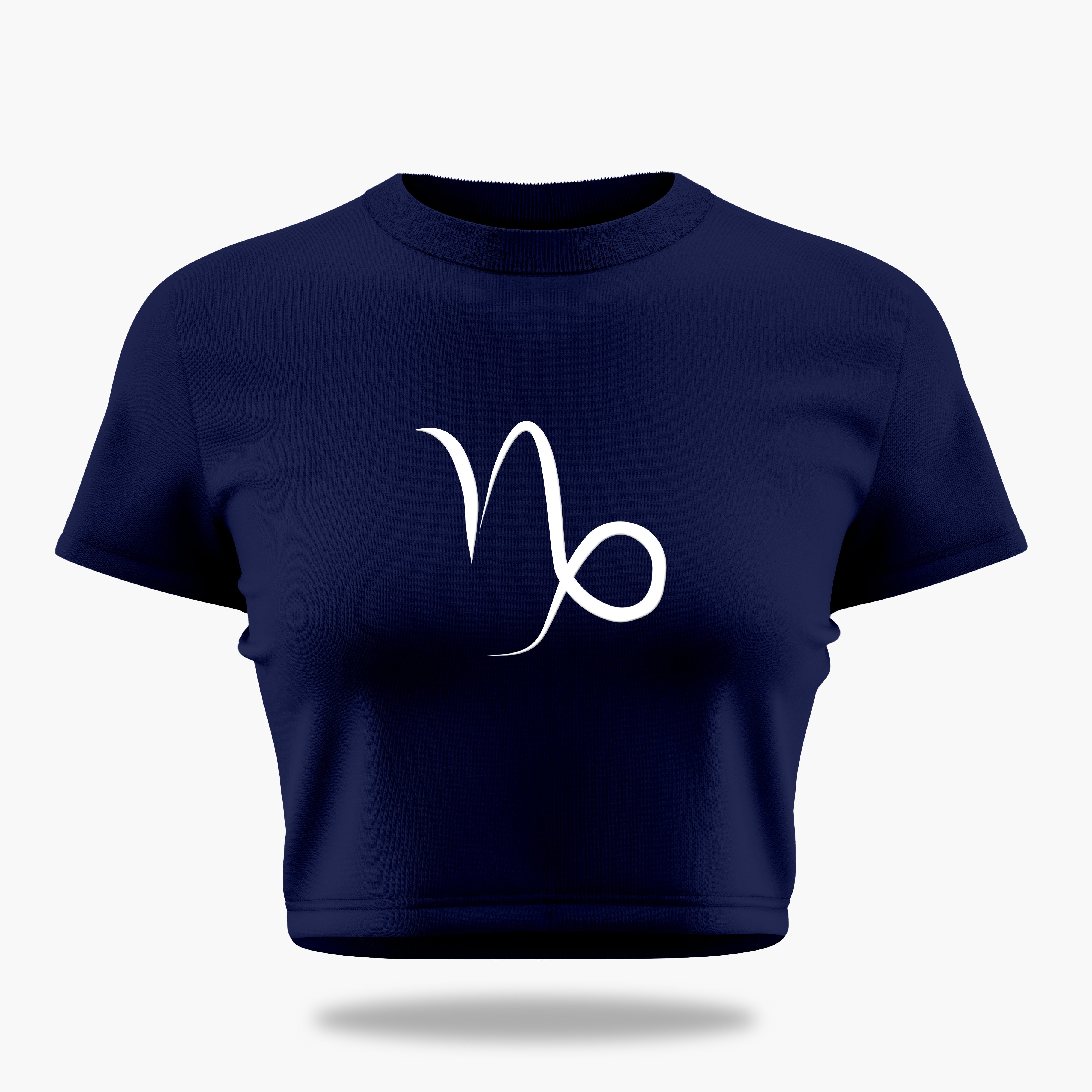 cosmic zodiac warrior capricorn crop top backprint graphic t-shirt, navy blue, front view