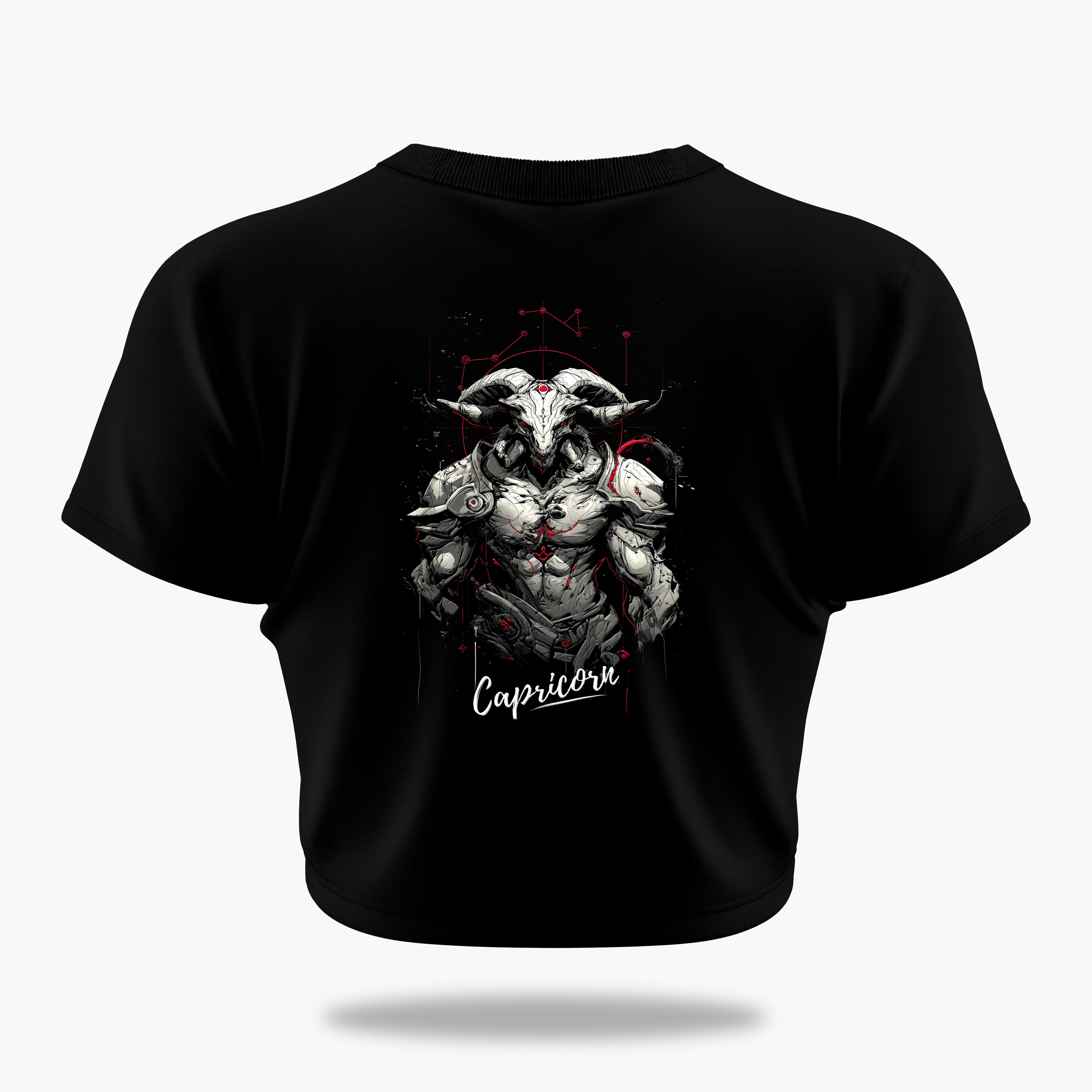 cosmic zodiac warrior capricorn crop top backprint graphic t-shirt, black, back view