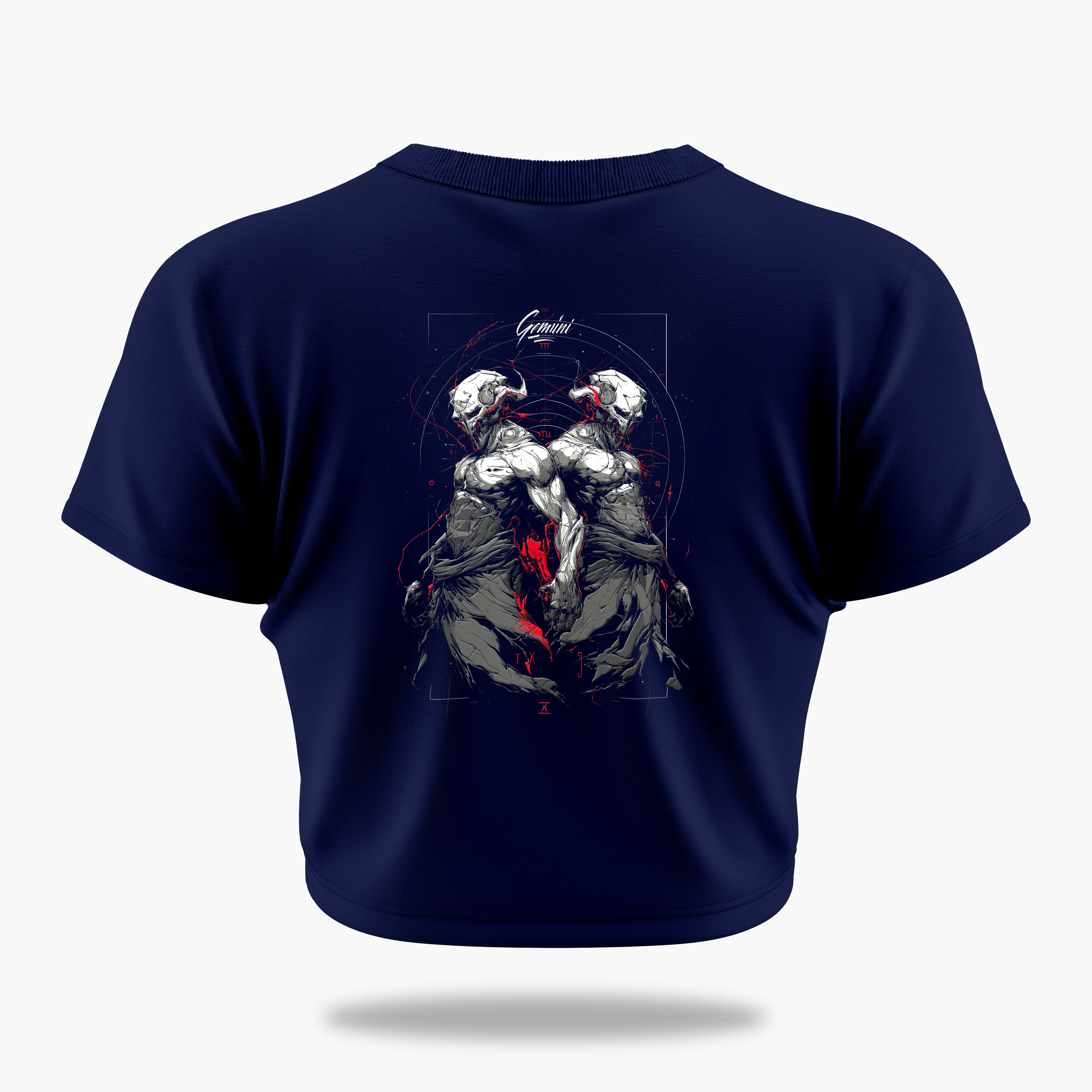 cosmic zodiac warrior gemini crop top backprint graphic t-shirt, navy blue, back view