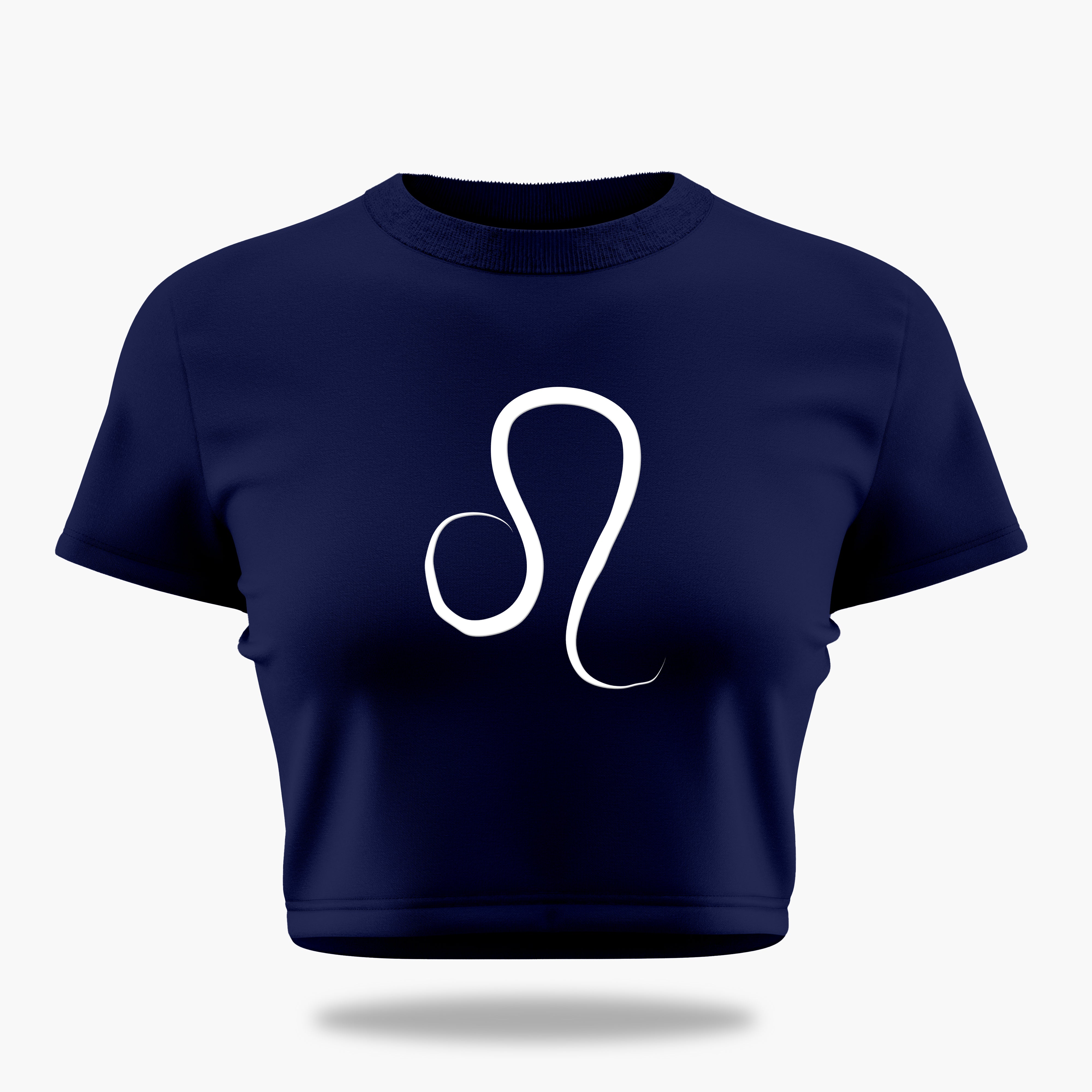 cosmic zodiac warrior leo crop top backprint graphic t-shirt, navy blue, front view