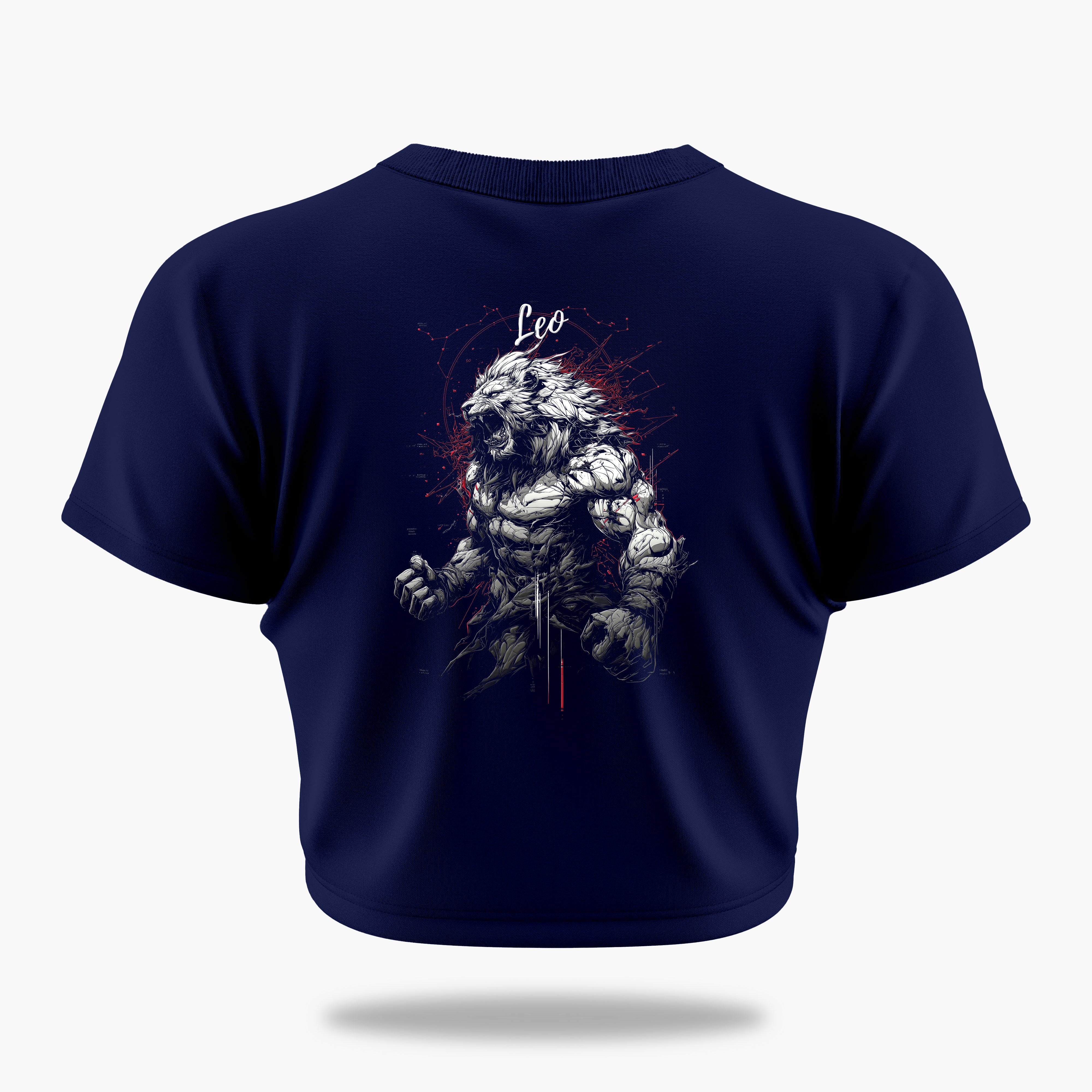 cosmic zodiac warrior leo crop top backprint graphic t-shirt, navy blue, back view