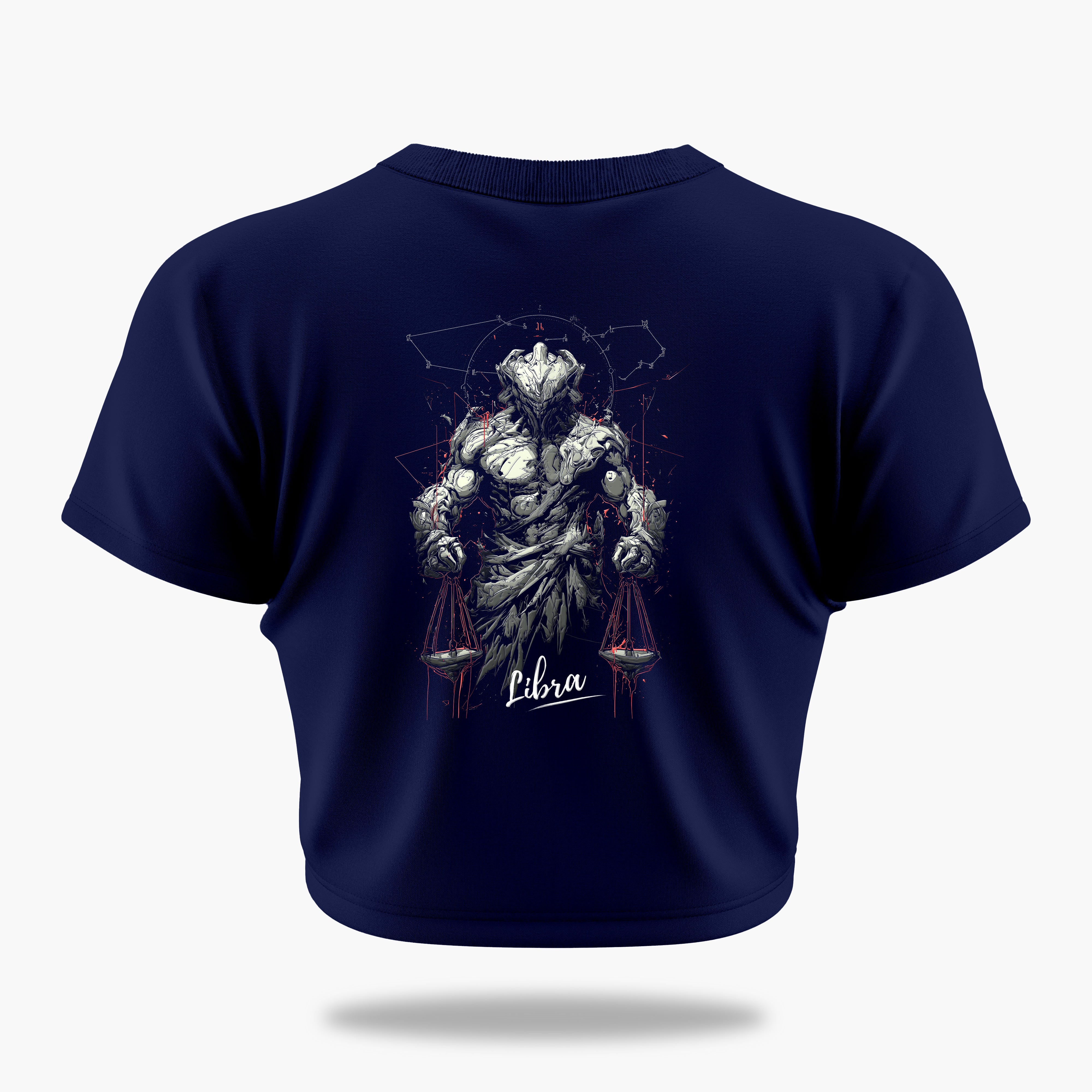 cosmic zodiac warrior libra crop top backprint graphic t-shirt, navy blue, back view