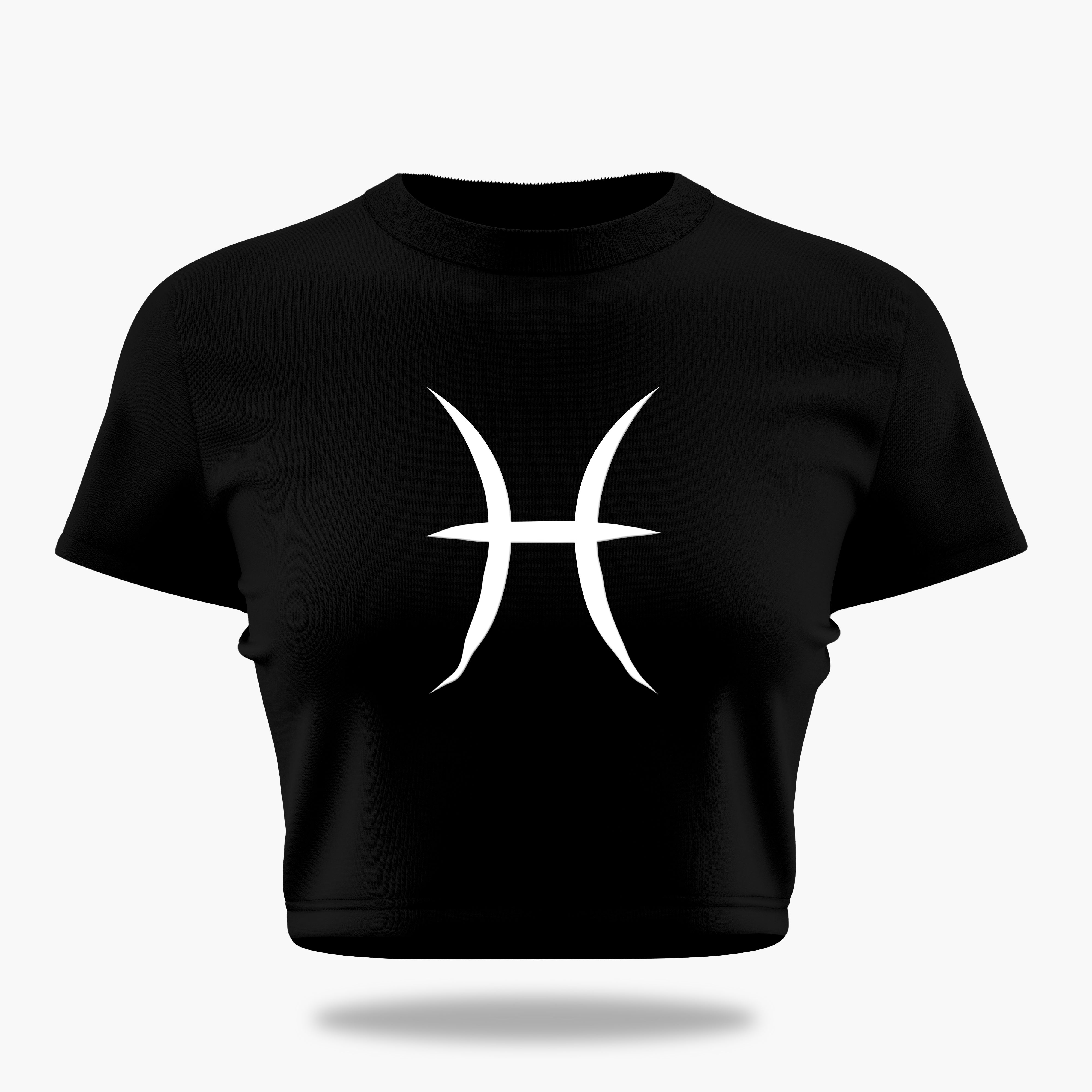 cosmic zodiac warrior pisces crop top backprint graphic t-shirt, black, front view