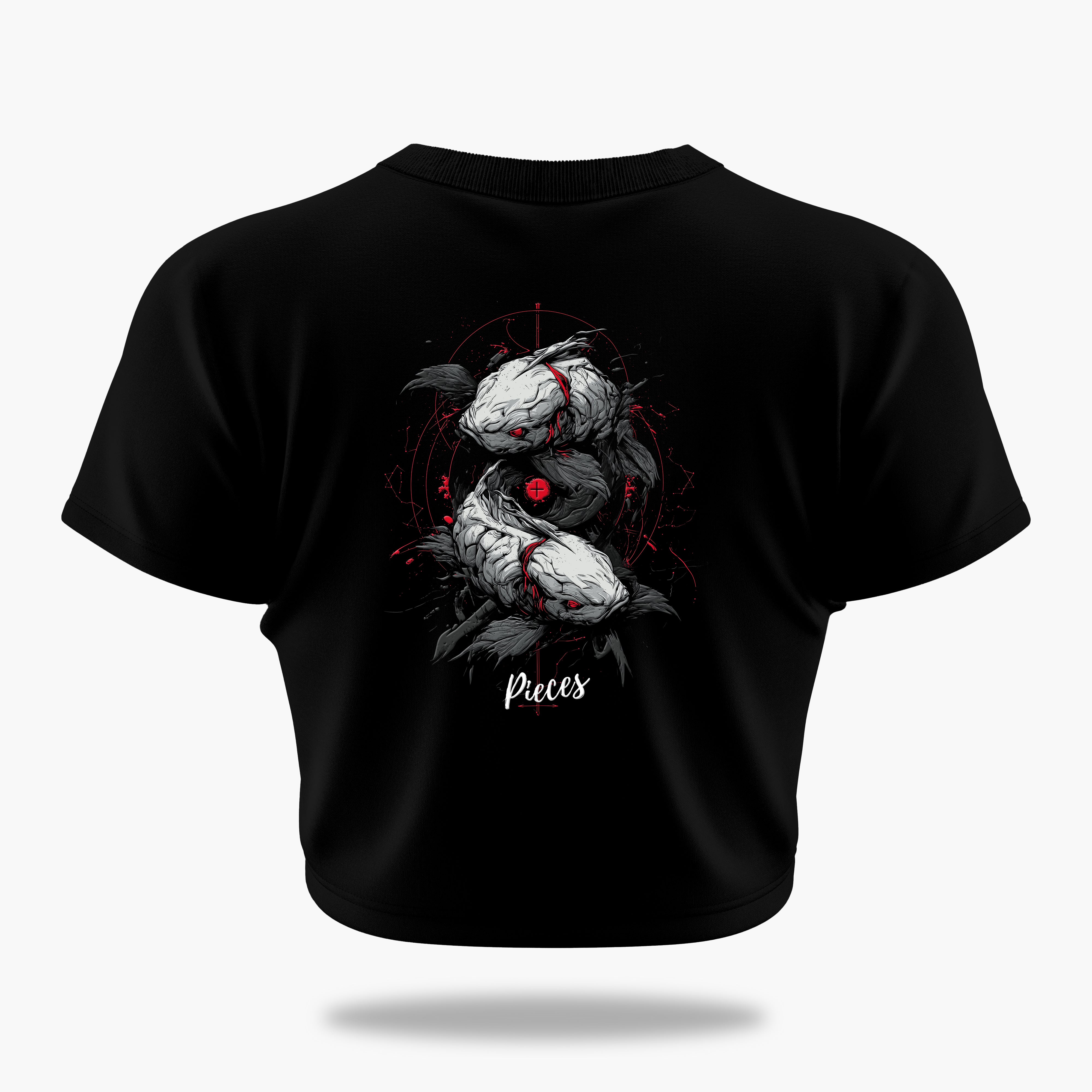 cosmic zodiac warrior pisces crop top backprint graphic t-shirt, black, back view