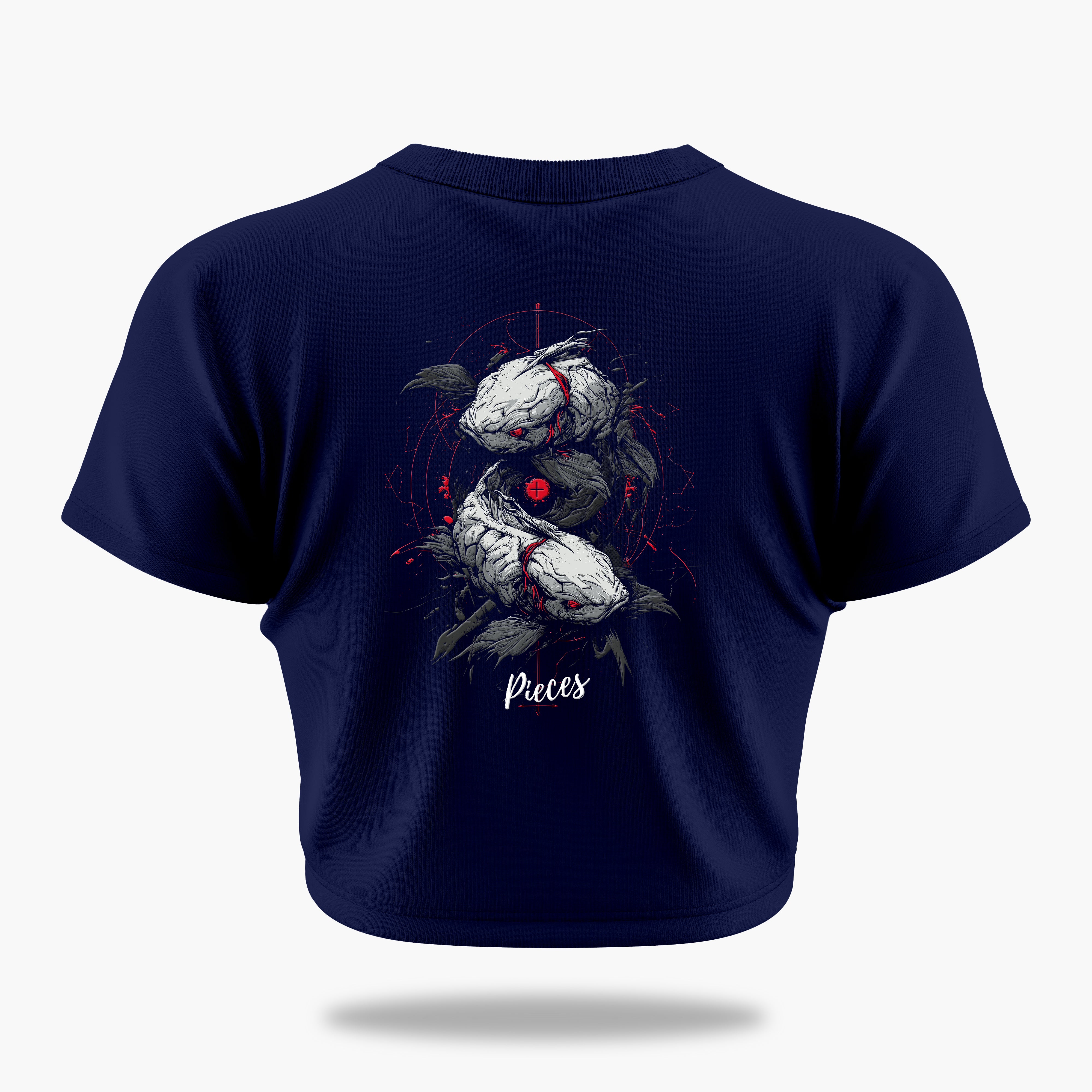 cosmic zodiac warrior pisces crop top backprint graphic t-shirt, navy blue, back view