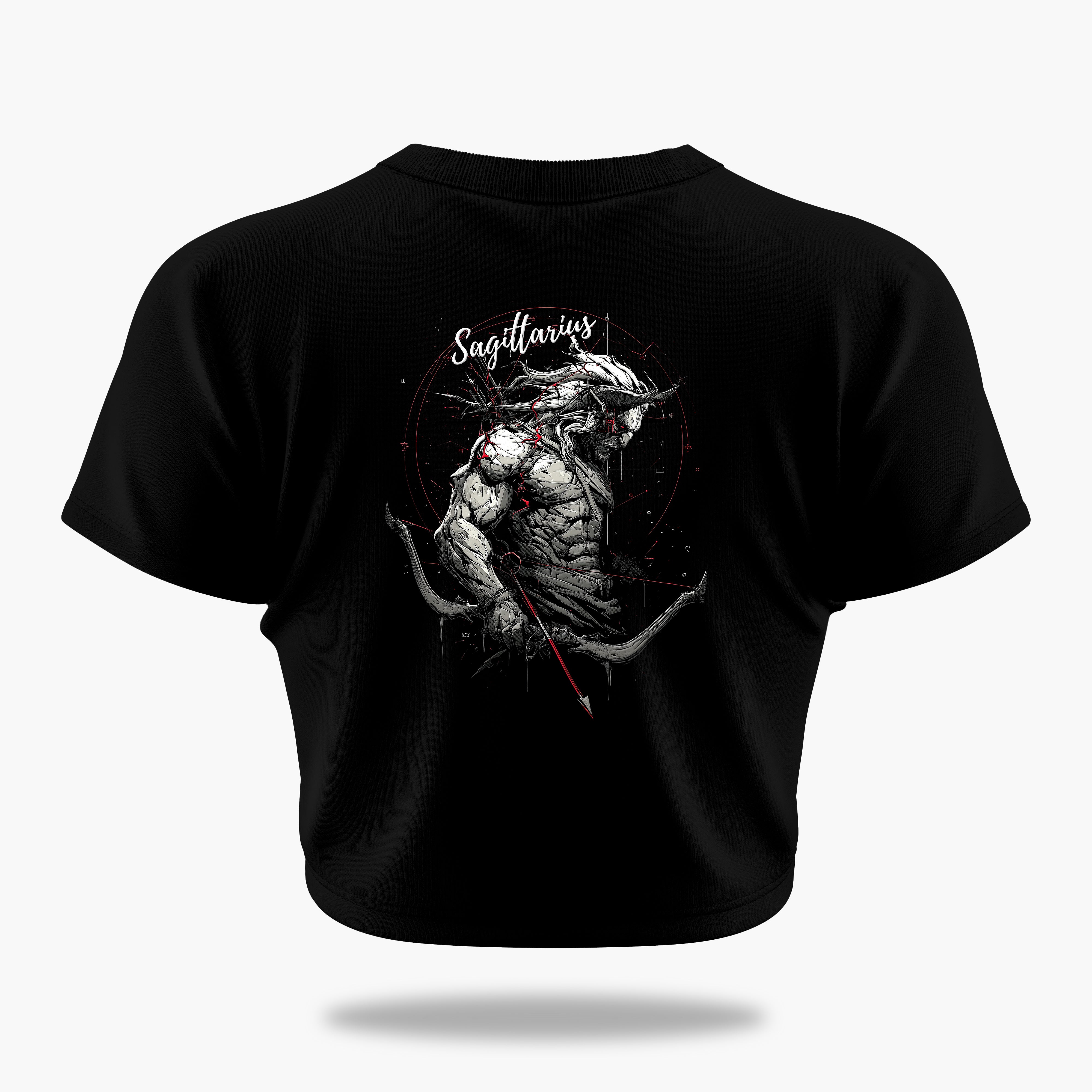 cosmic zodiac warrior sagittarius crop top backprint graphic t-shirt, black, back view