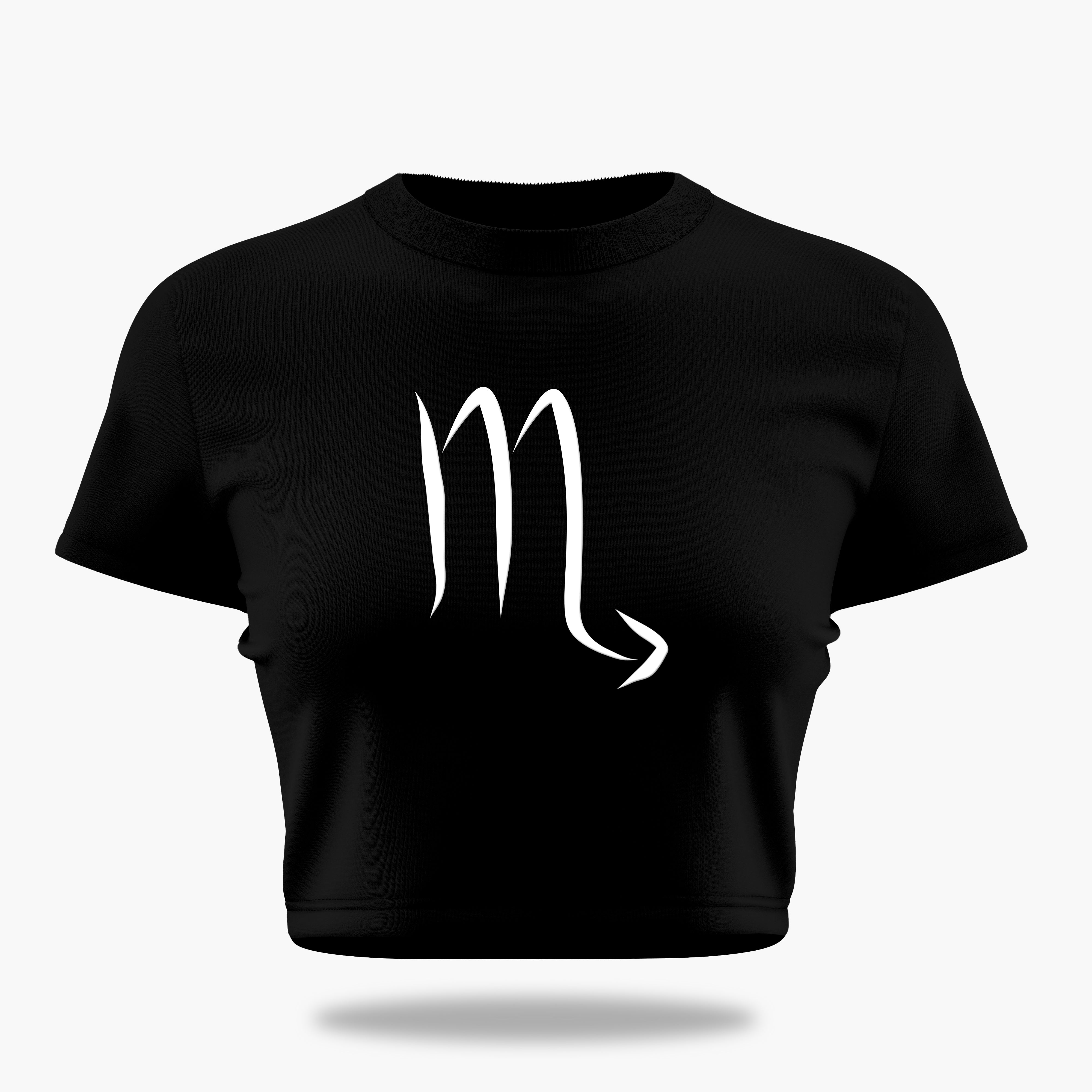 cosmic zodiac warrior scorpio crop top backprint graphic t-shirt, black, front view