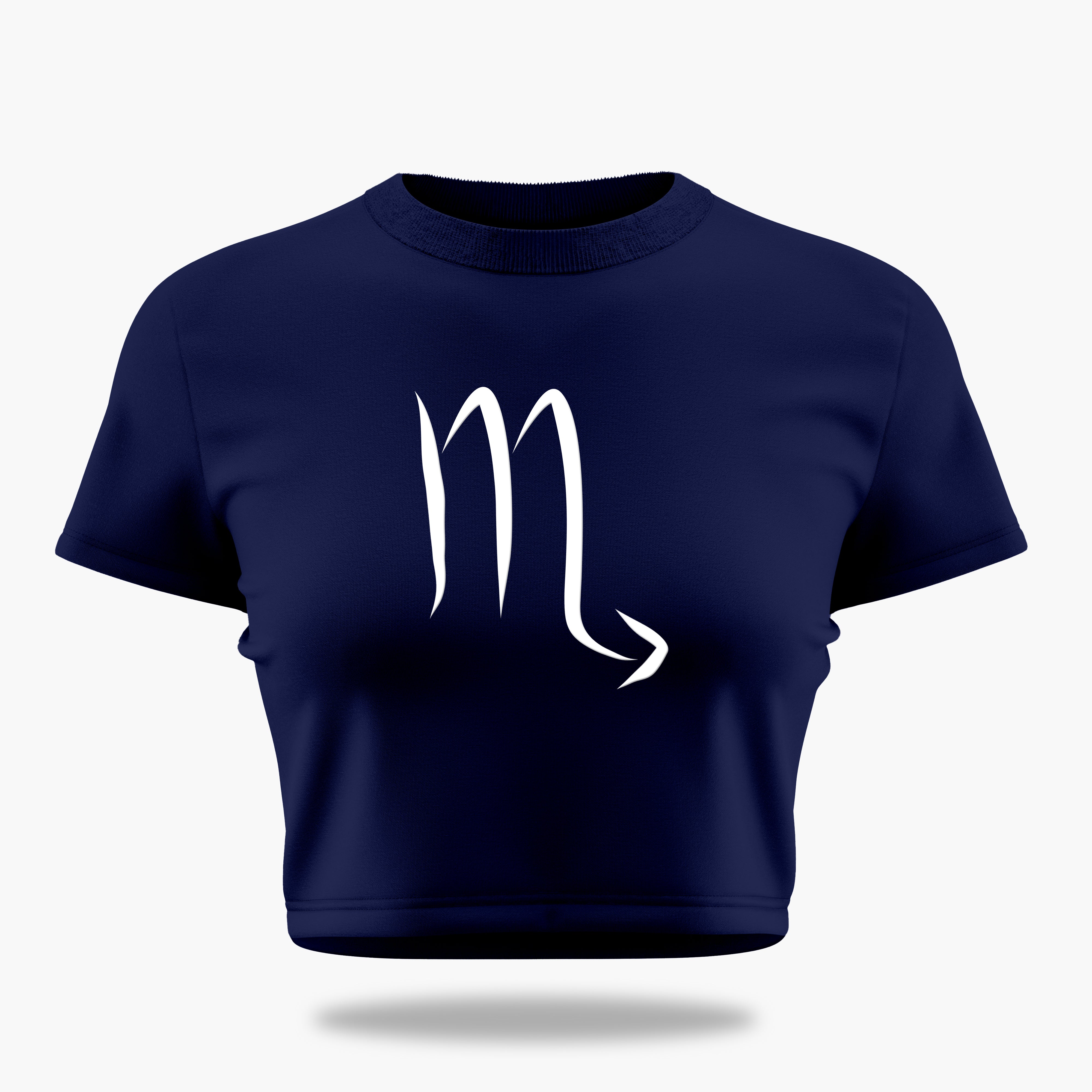 cosmic zodiac warrior scorpio crop top backprint graphic t-shirt, navy blue, front view