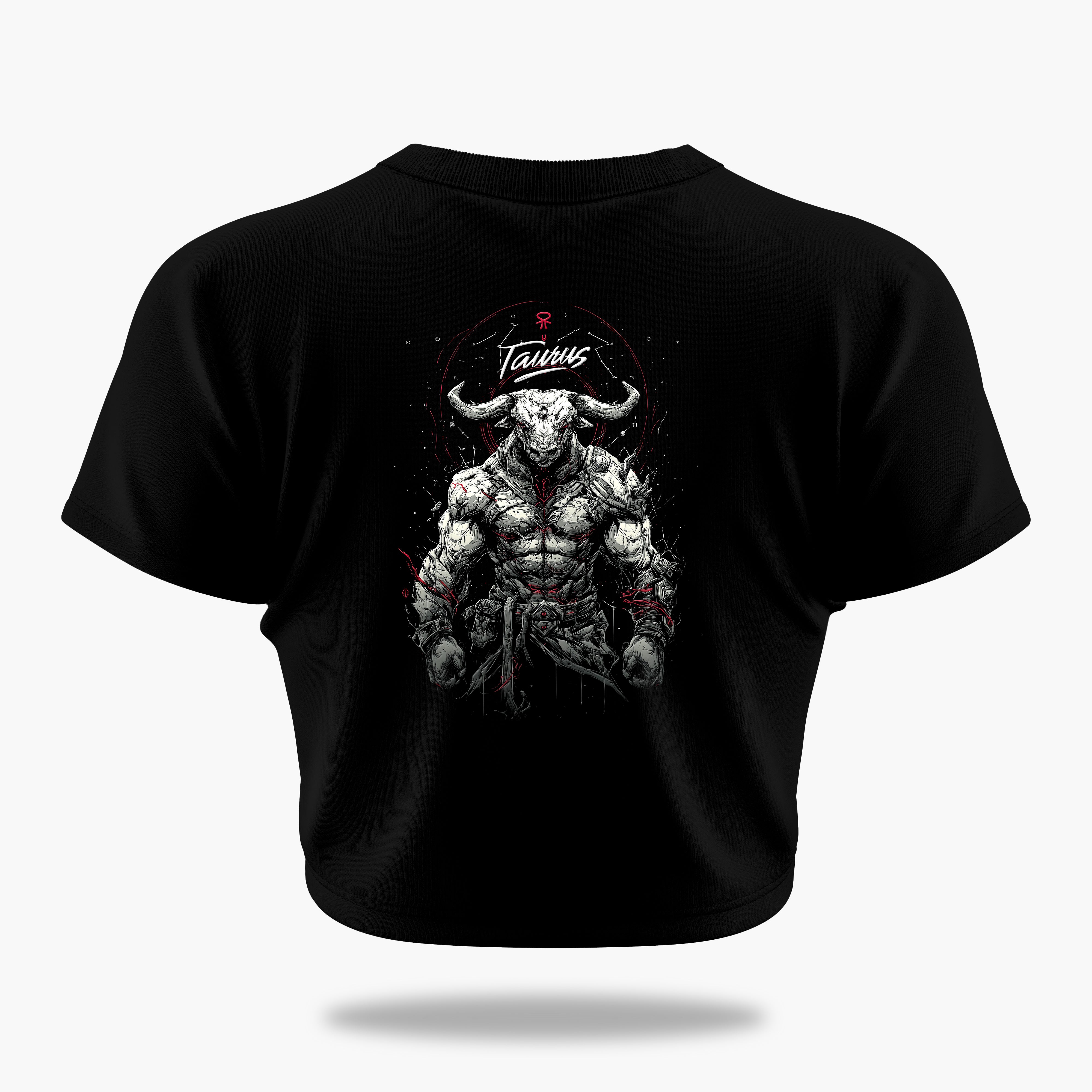 cosmic zodiac warrior taurus crop top backprint graphic t-shirt, black, back view