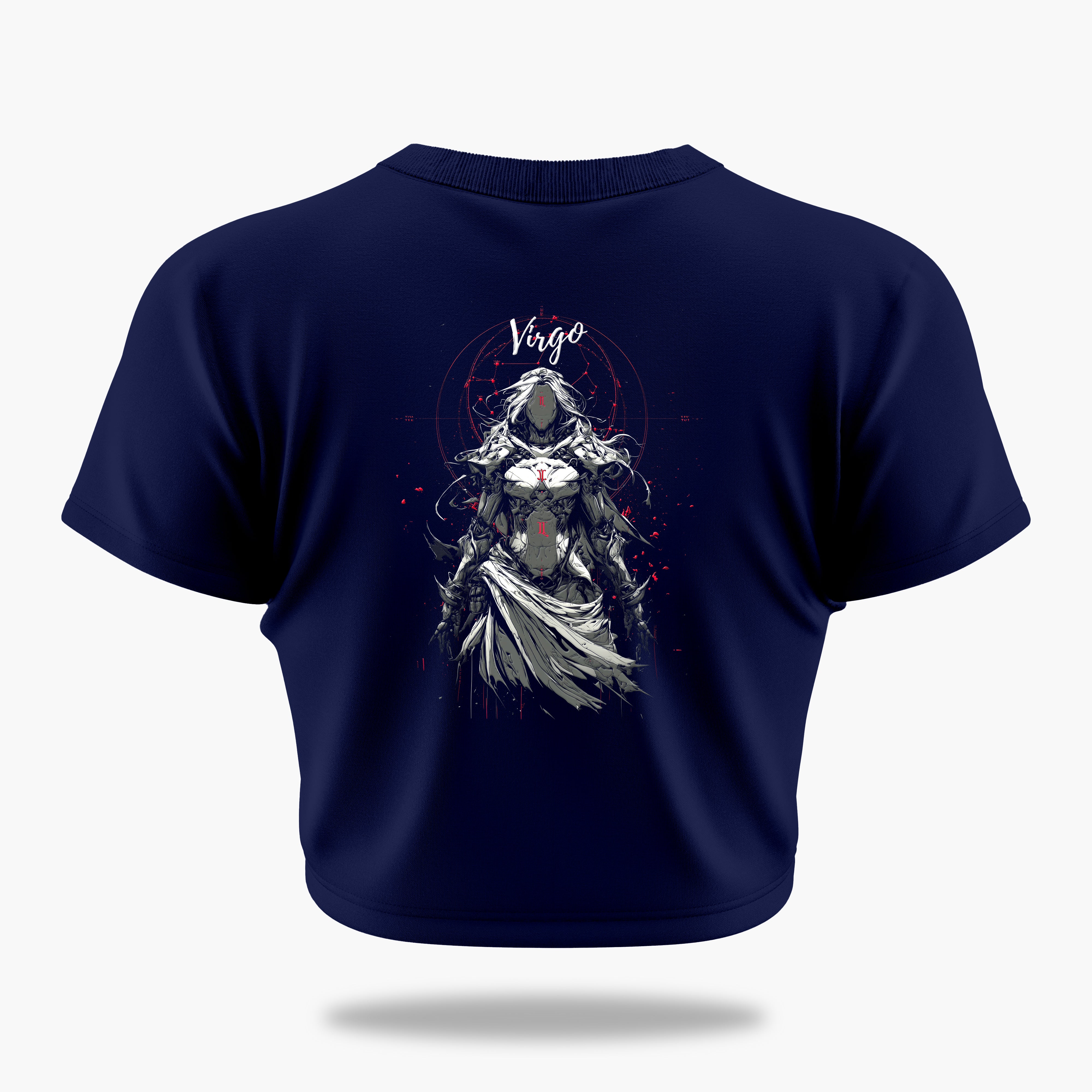 cosmic zodiac warrior virgo crop top backprint graphic t-shirt, navy blue, back view