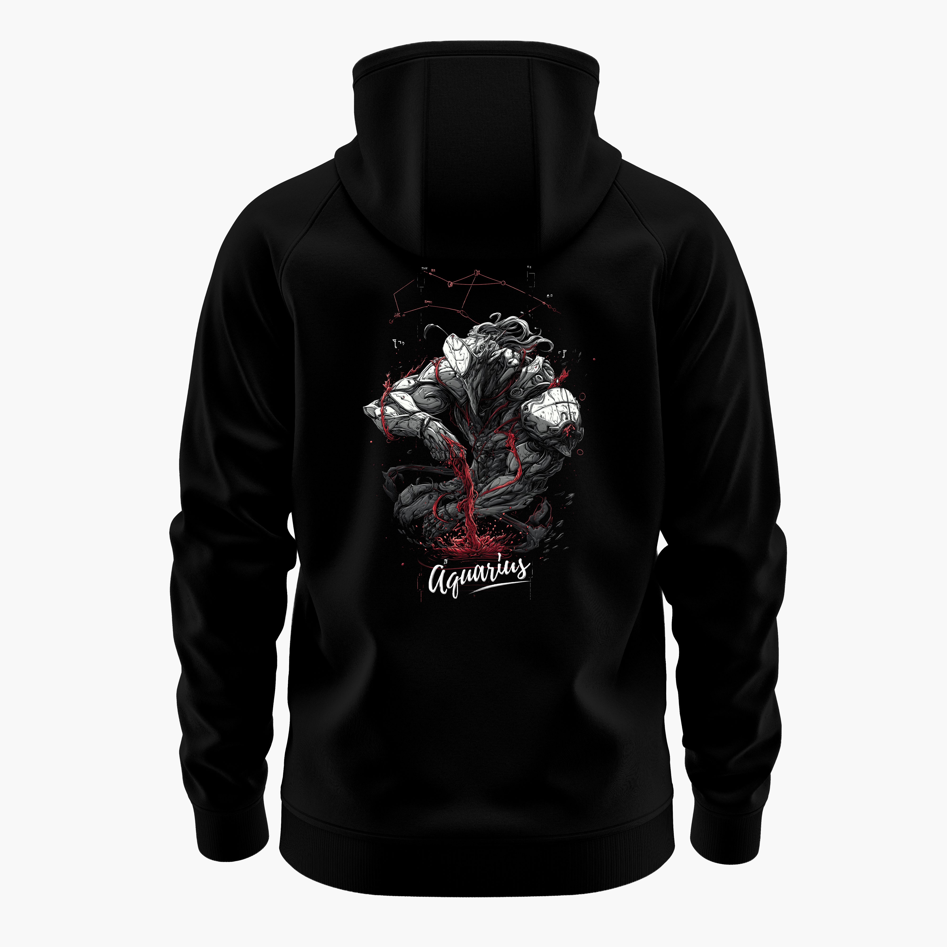 cosmic zodiac warrior aquarius h backprint graphic t-shirt, black, back view