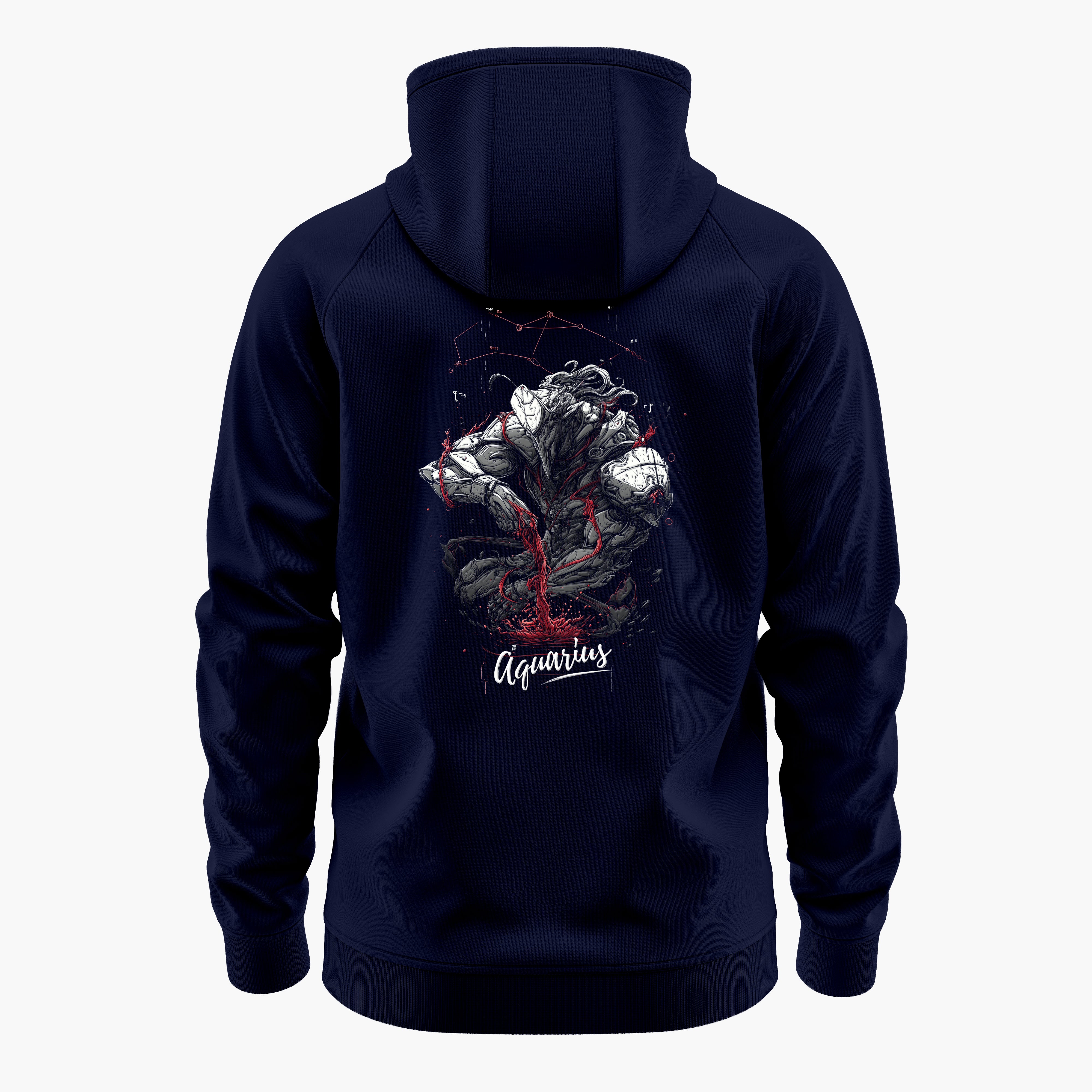cosmic zodiac warrior aquarius h backprint graphic t-shirt, navy blue, back view