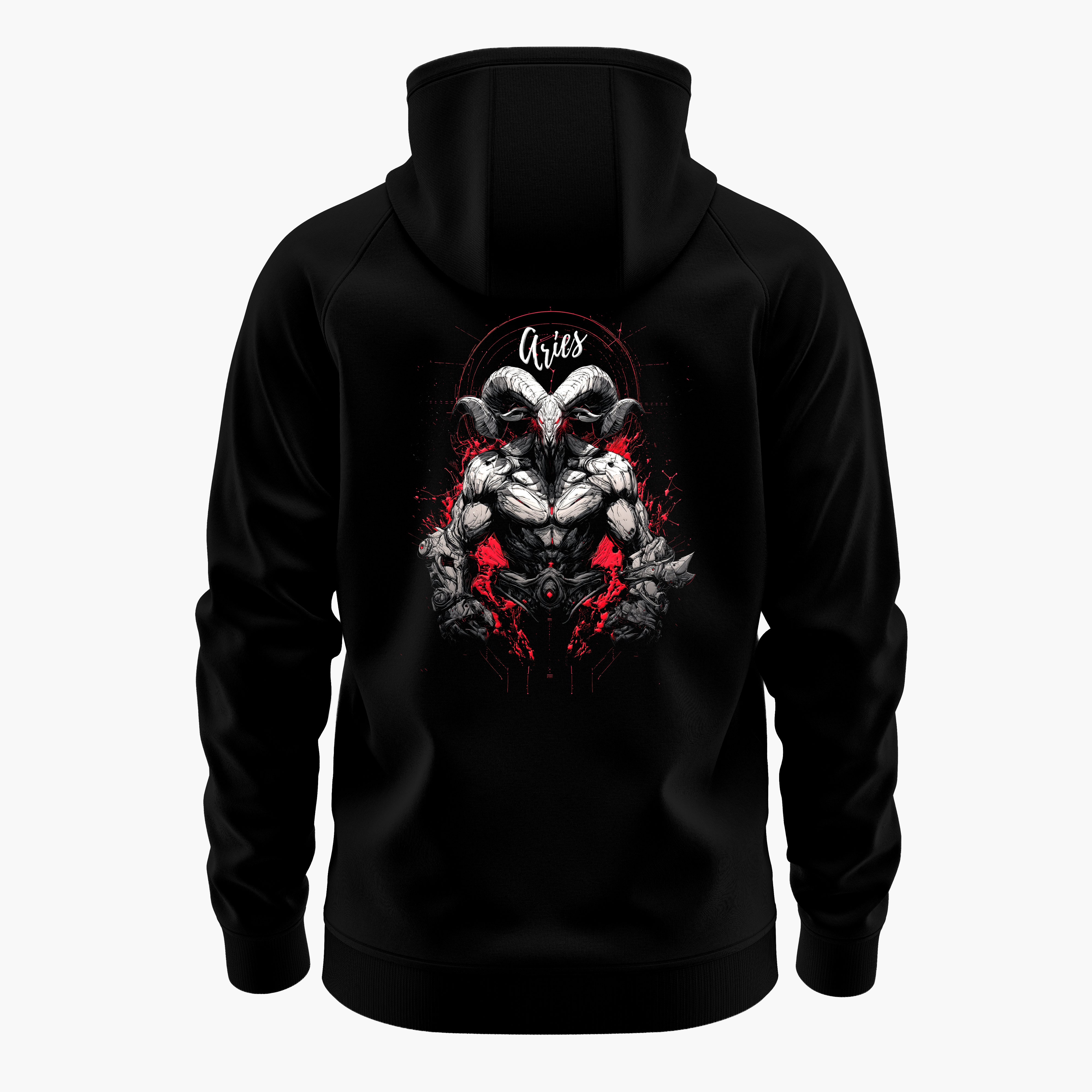 cosmic zodiac warrior aries h backprint graphic t-shirt, black, back view