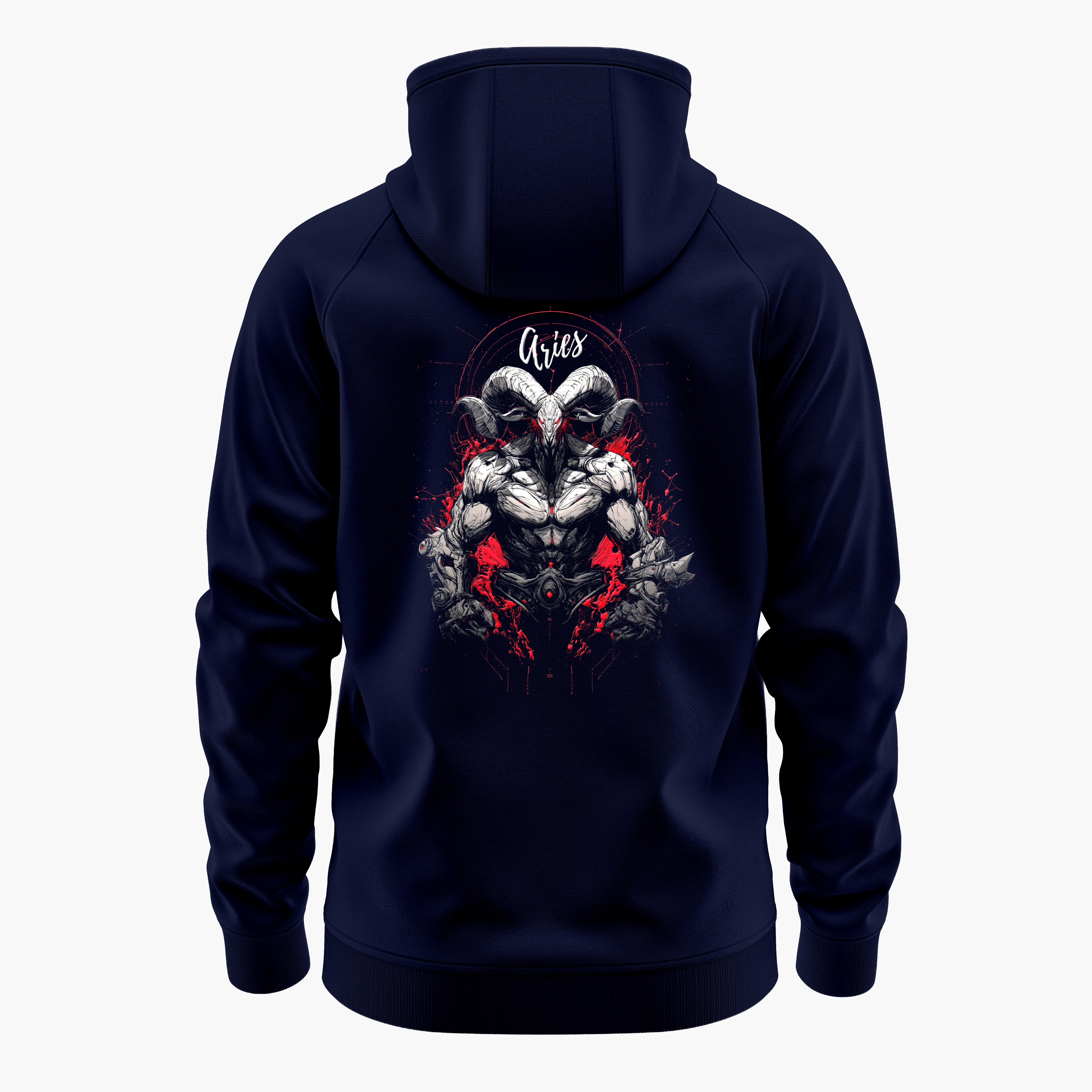 cosmic zodiac warrior aries h backprint graphic t-shirt, navy blue, back view