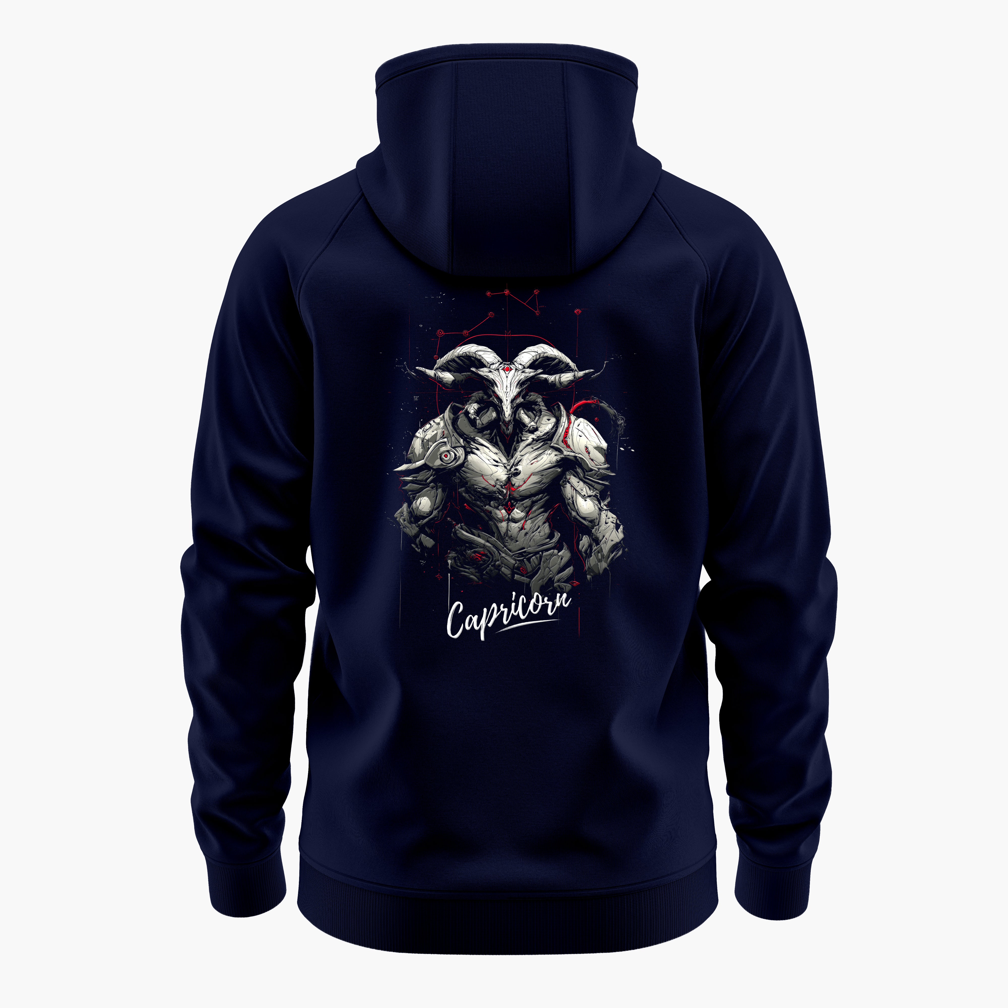 cosmic zodiac warrior capricorn h backprint graphic t-shirt, navy blue, back view