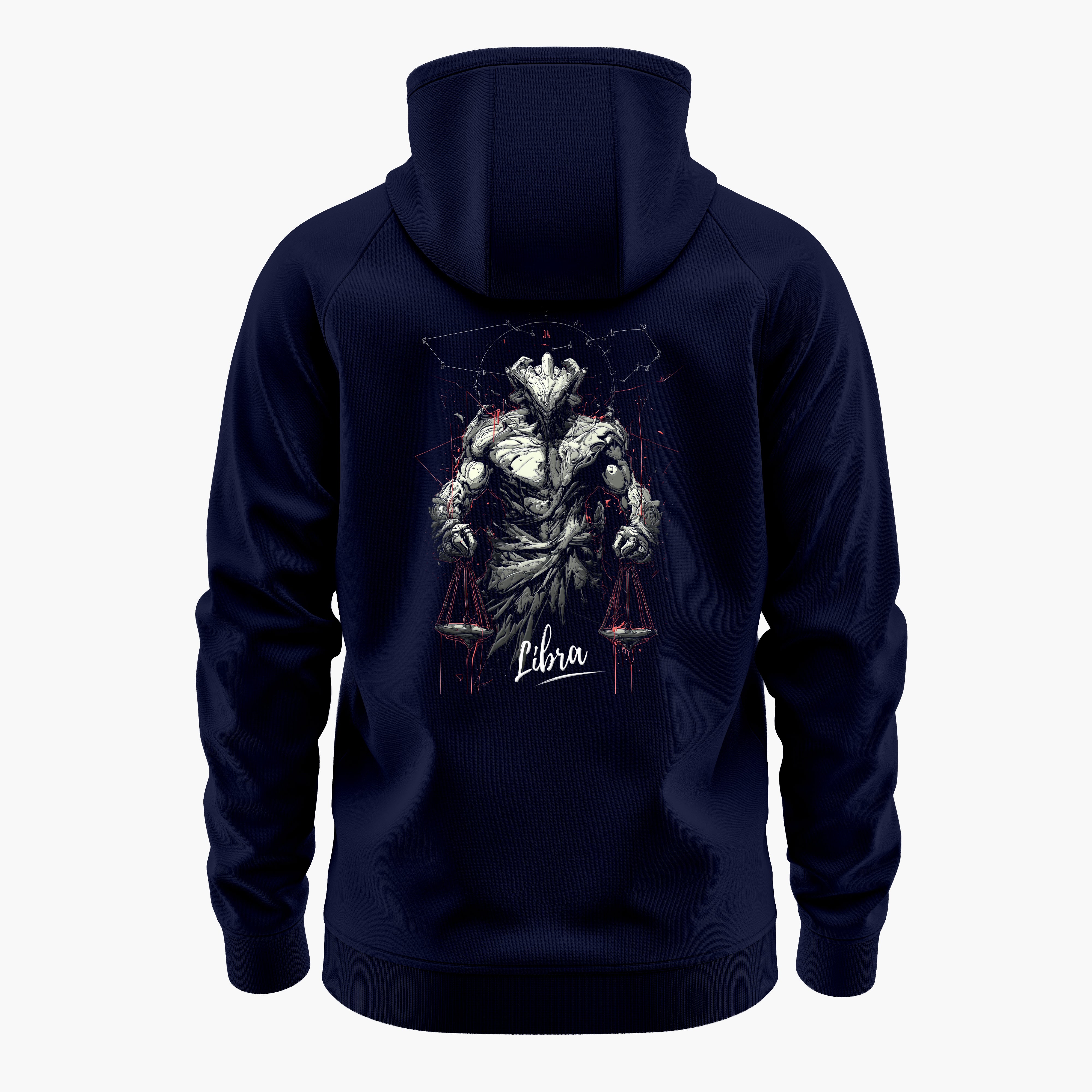 cosmic zodiac warrior libra h backprint graphic t-shirt, navy blue, back view