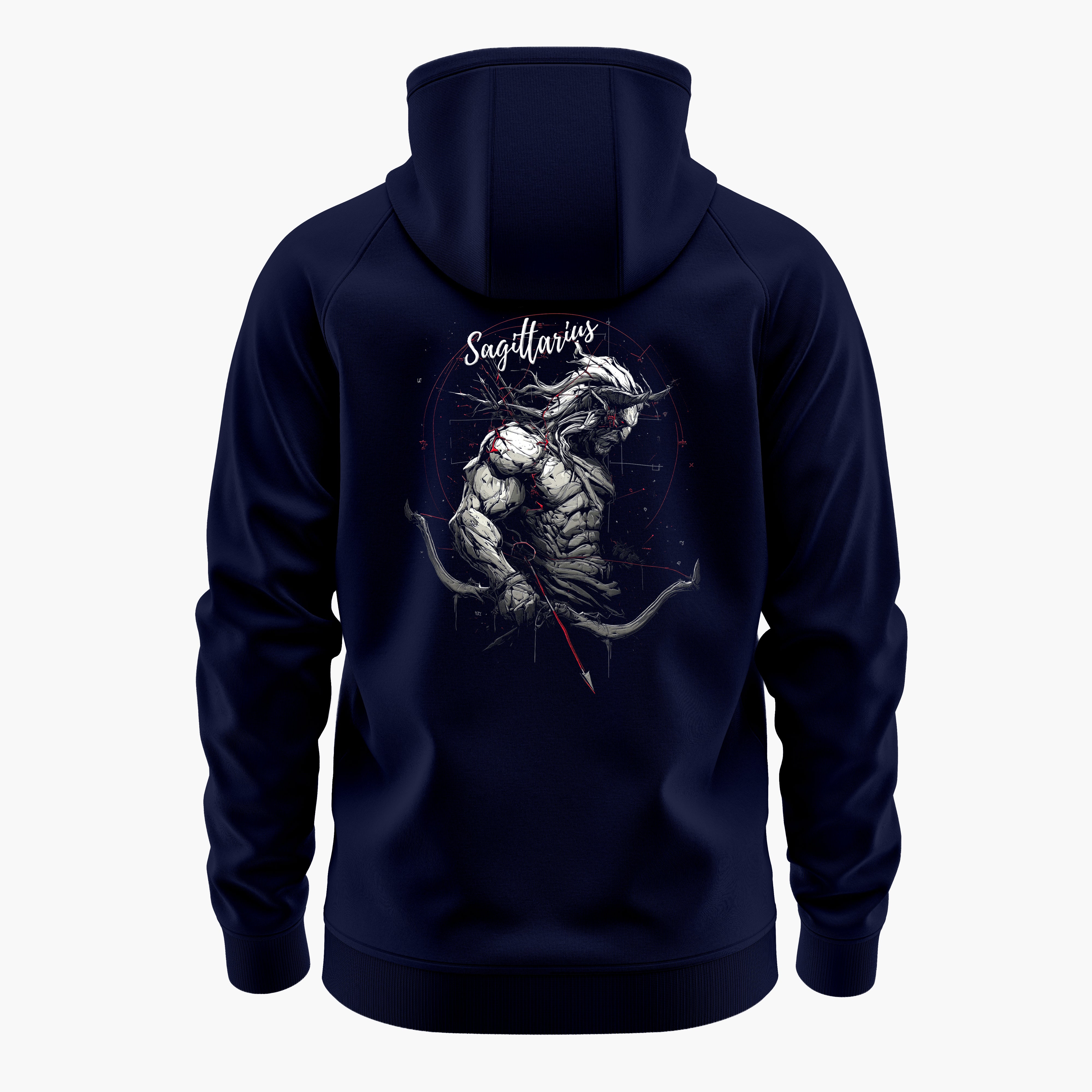 cosmic zodiac warrior sagittarius h backprint graphic t-shirt, navy blue, back view