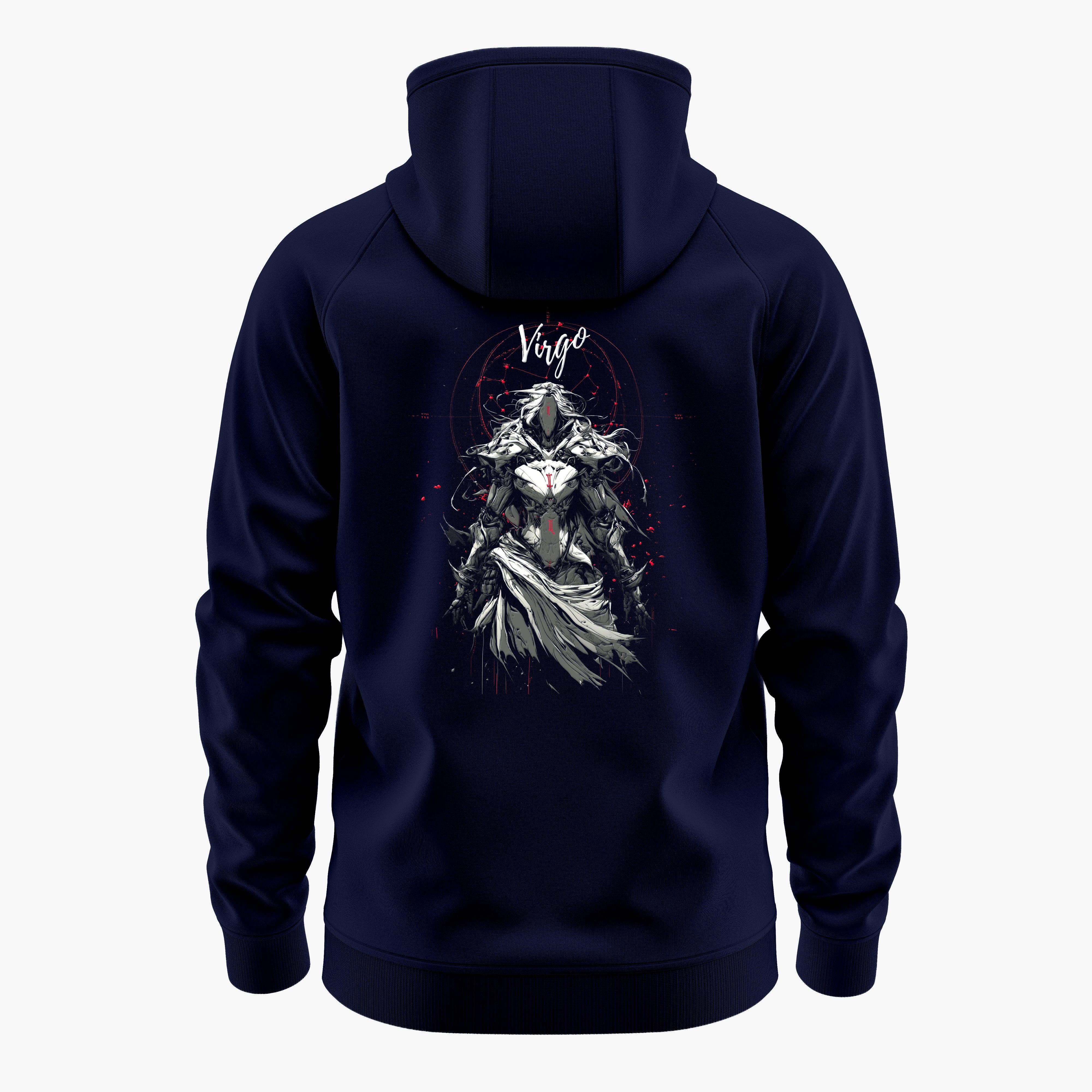 cosmic zodiac warrior virgo h backprint graphic t-shirt, navy blue, back view