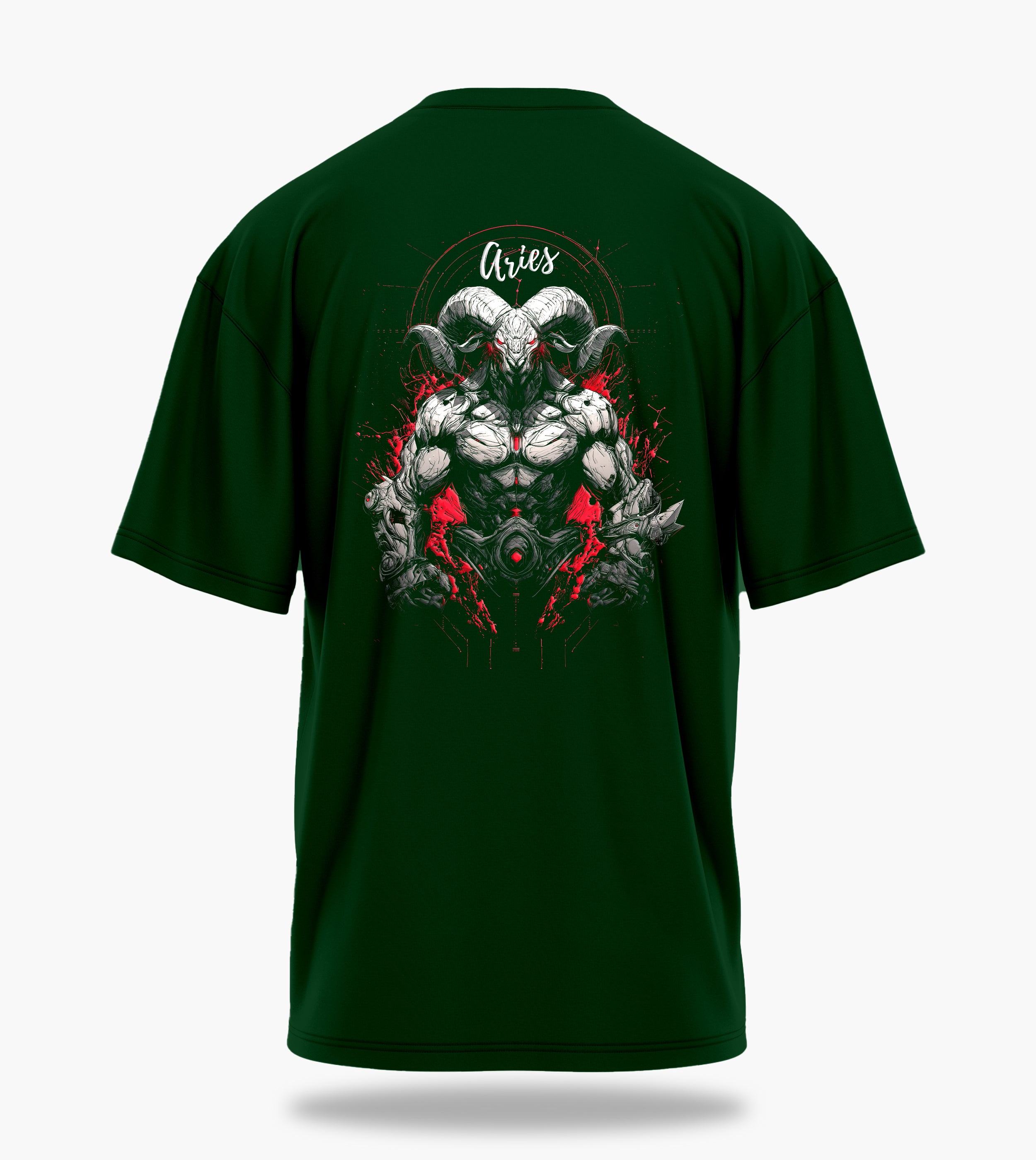 cosmic zodiac warrior aries ov backprint graphic t-shirt, dark green, back view