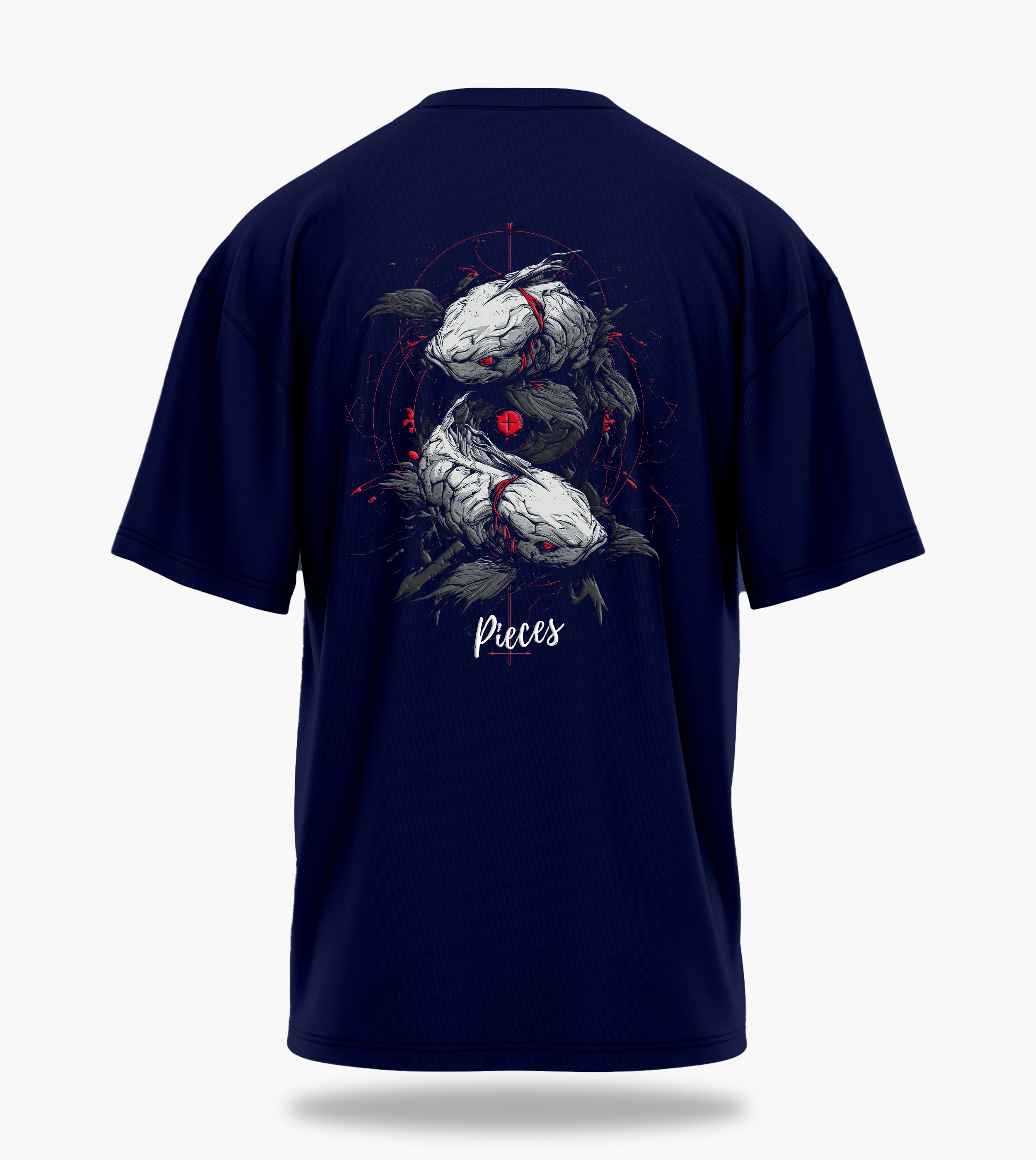 cosmic zodiac warrior pisces ov backprint graphic t-shirt, navy blue, back view