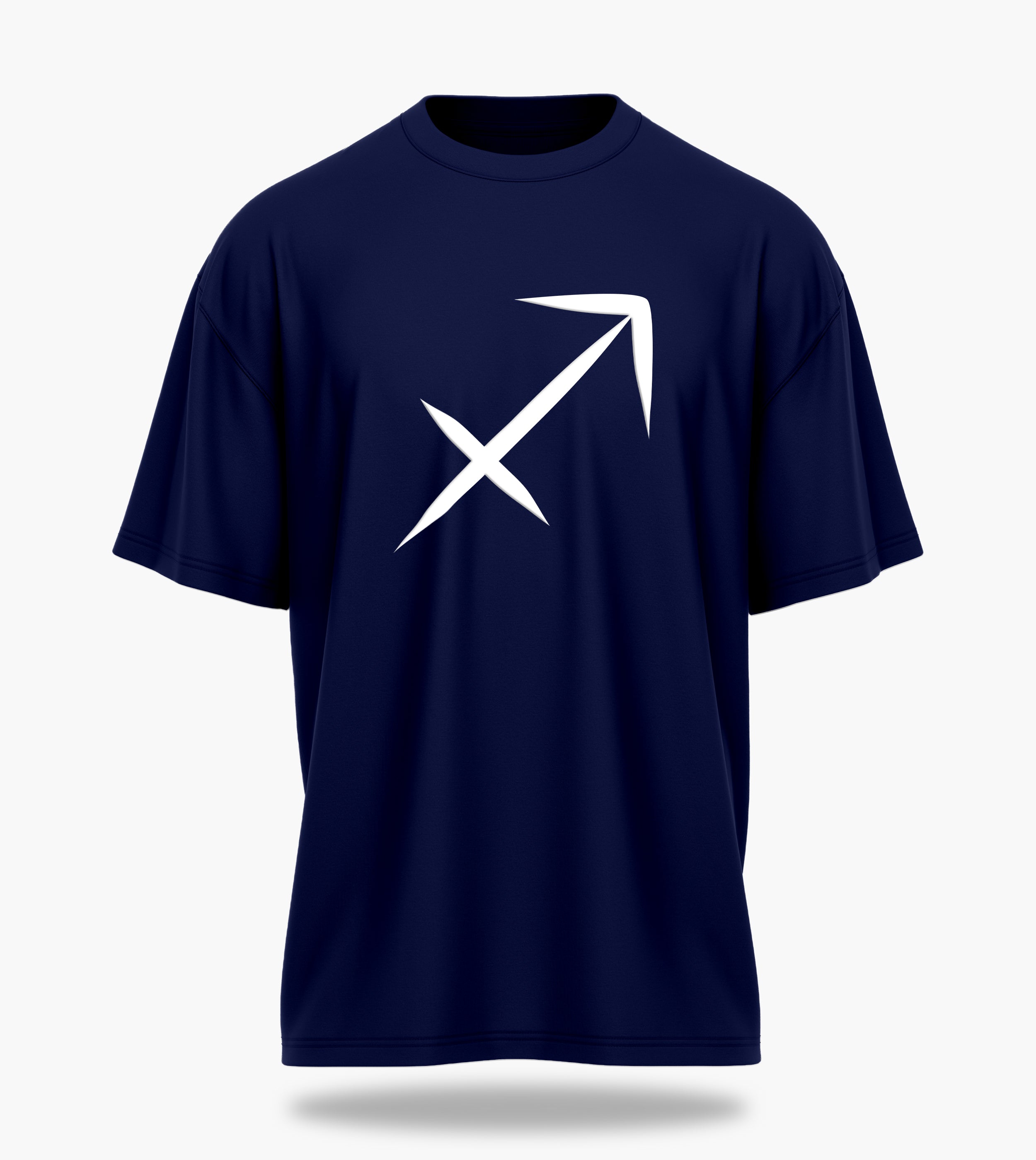 cosmic zodiac warrior sagittarius ov backprint graphic t-shirt, navy blue, front view