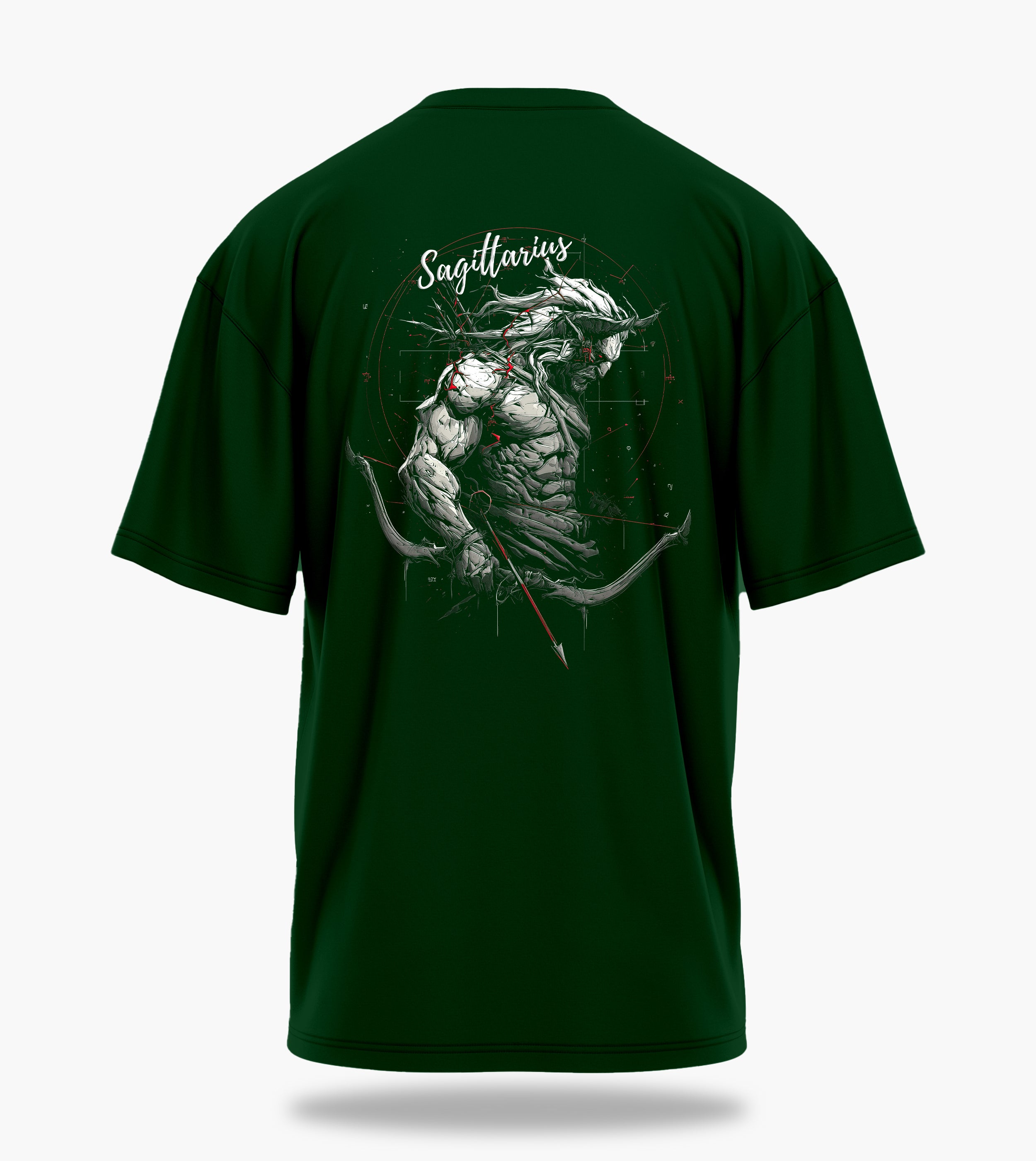 cosmic zodiac warrior sagittarius ov backprint graphic t-shirt, dark green, back view
