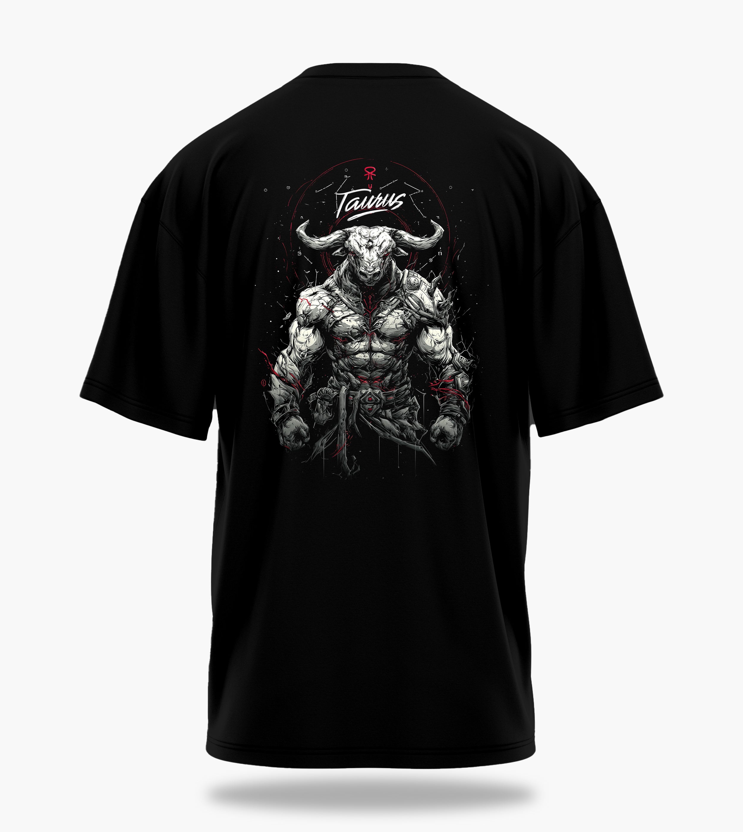 cosmic zodiac warrior taurus ov backprint graphic t-shirt, black, back view