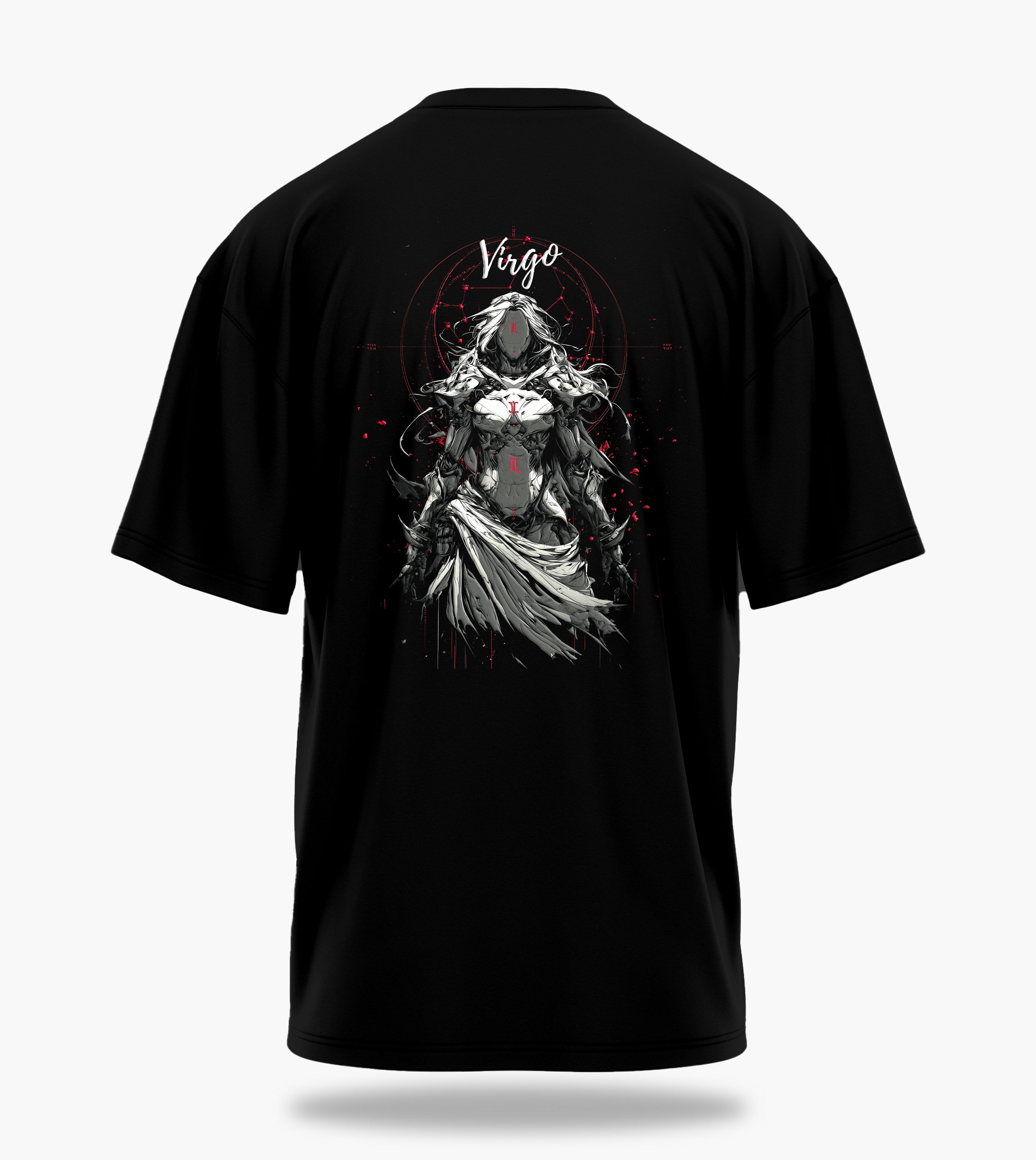 cosmic zodiac warrior virgo ov backprint graphic t-shirt, black, back view