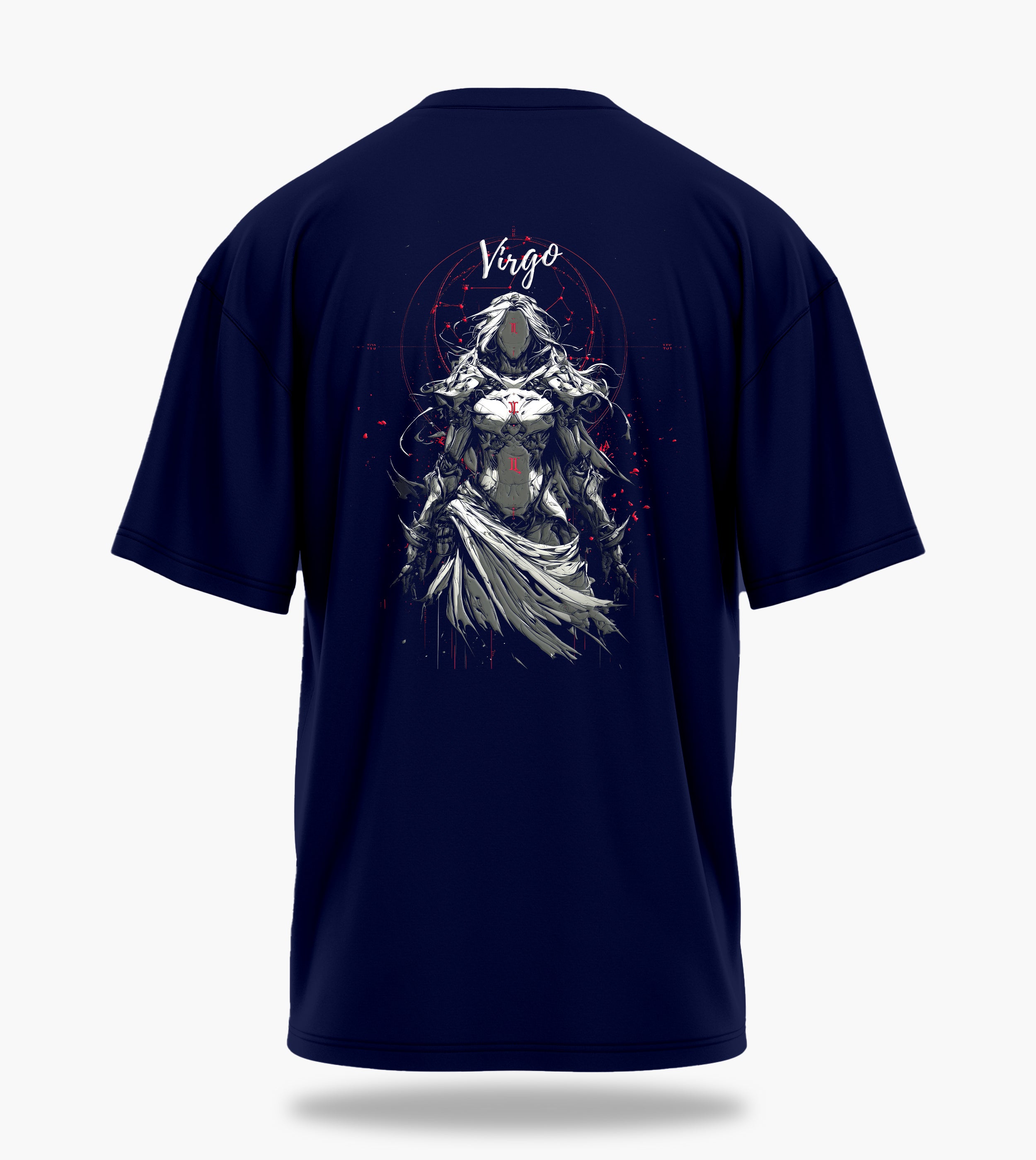 cosmic zodiac warrior virgo ov backprint graphic t-shirt, navy blue, back view