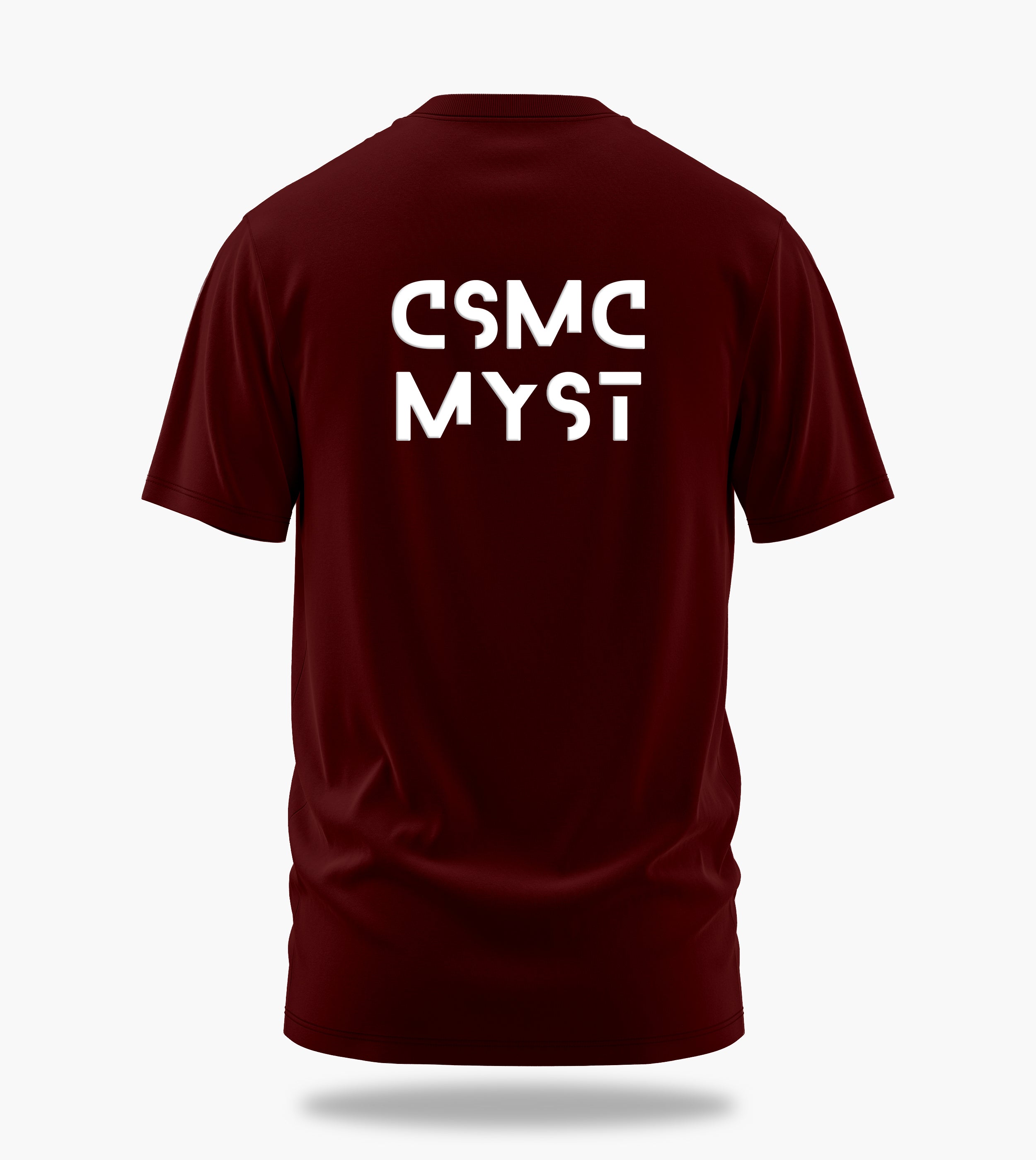 cosmic myst essentials alpha backprint graphic t-shirt, maroon, back view