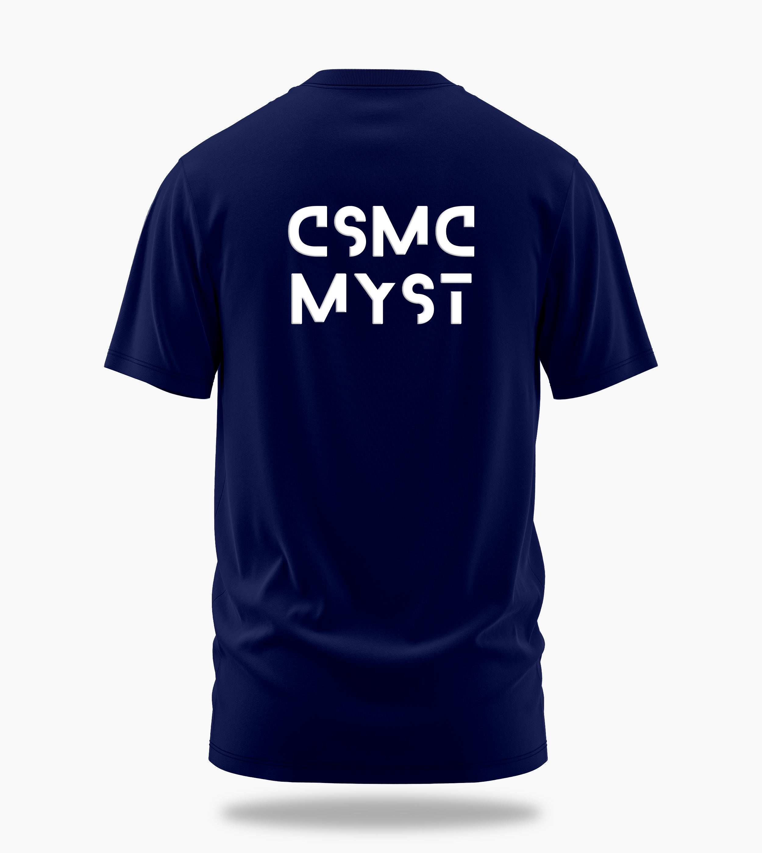 cosmic myst essentials alpha backprint graphic t-shirt, navy blue, back view