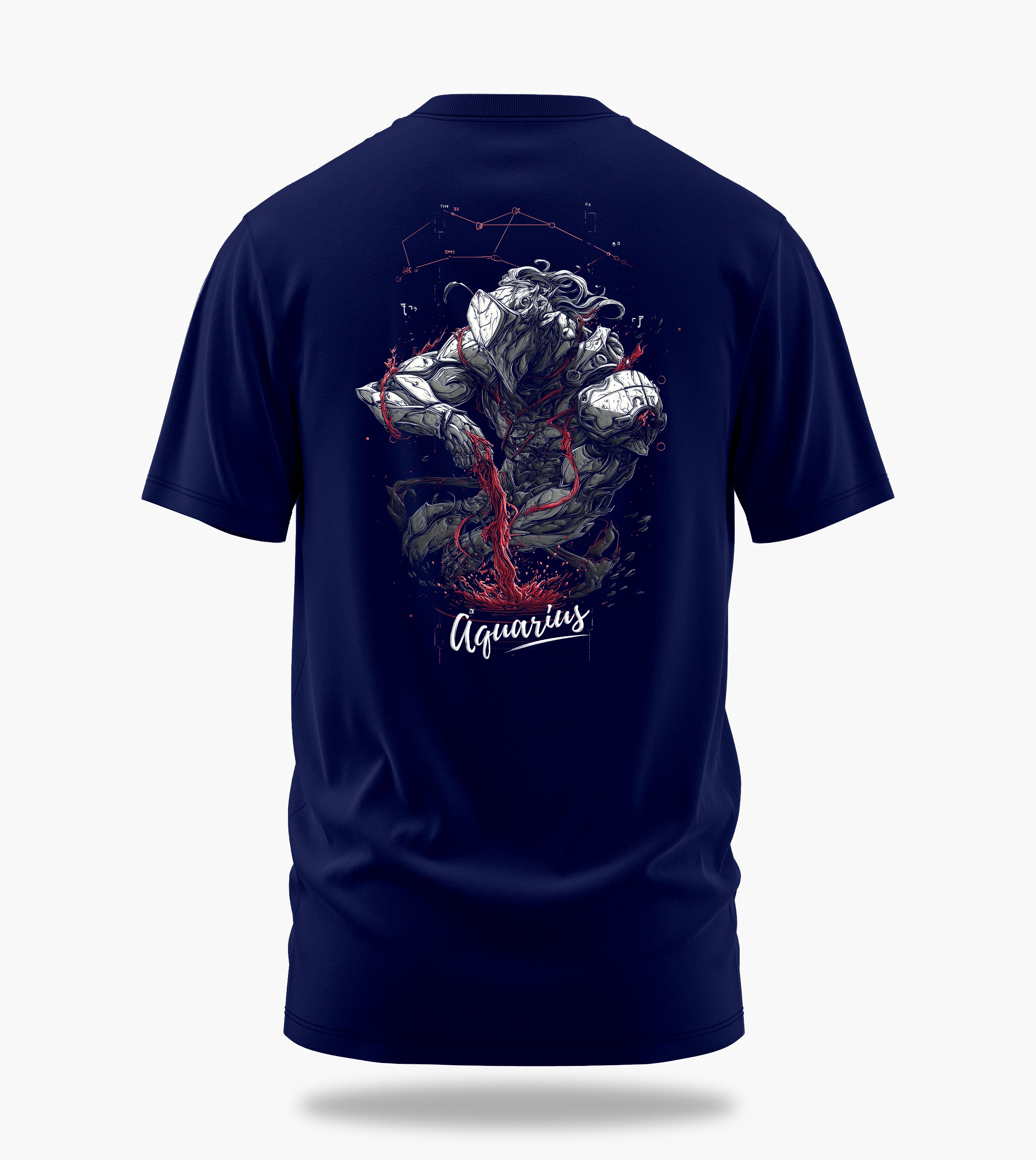 cosmic zodiac warrior aquarius backprint graphic t-shirt, navy blue, back view