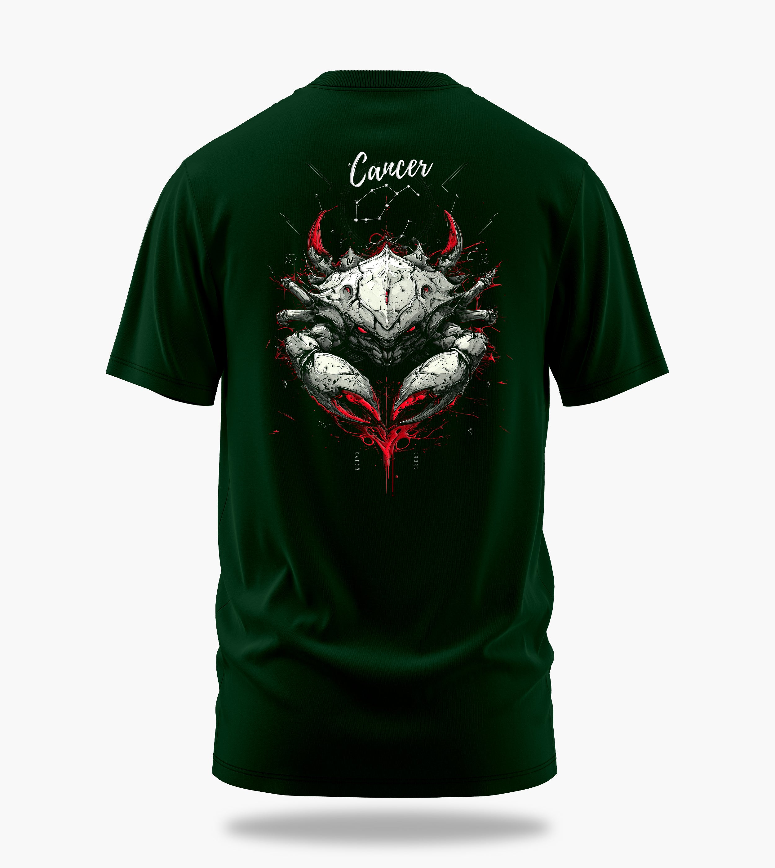 cosmic zodiac warrior cancer backprint graphic t-shirt, dark green, back view