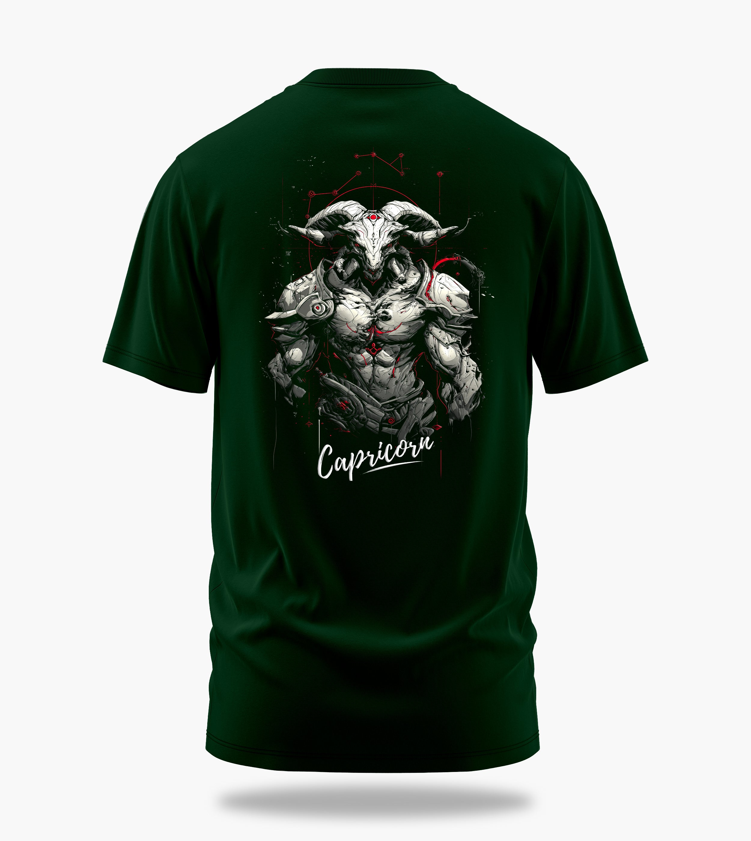 cosmic zodiac warrior capricorn backprint graphic t-shirt, dark green, back view