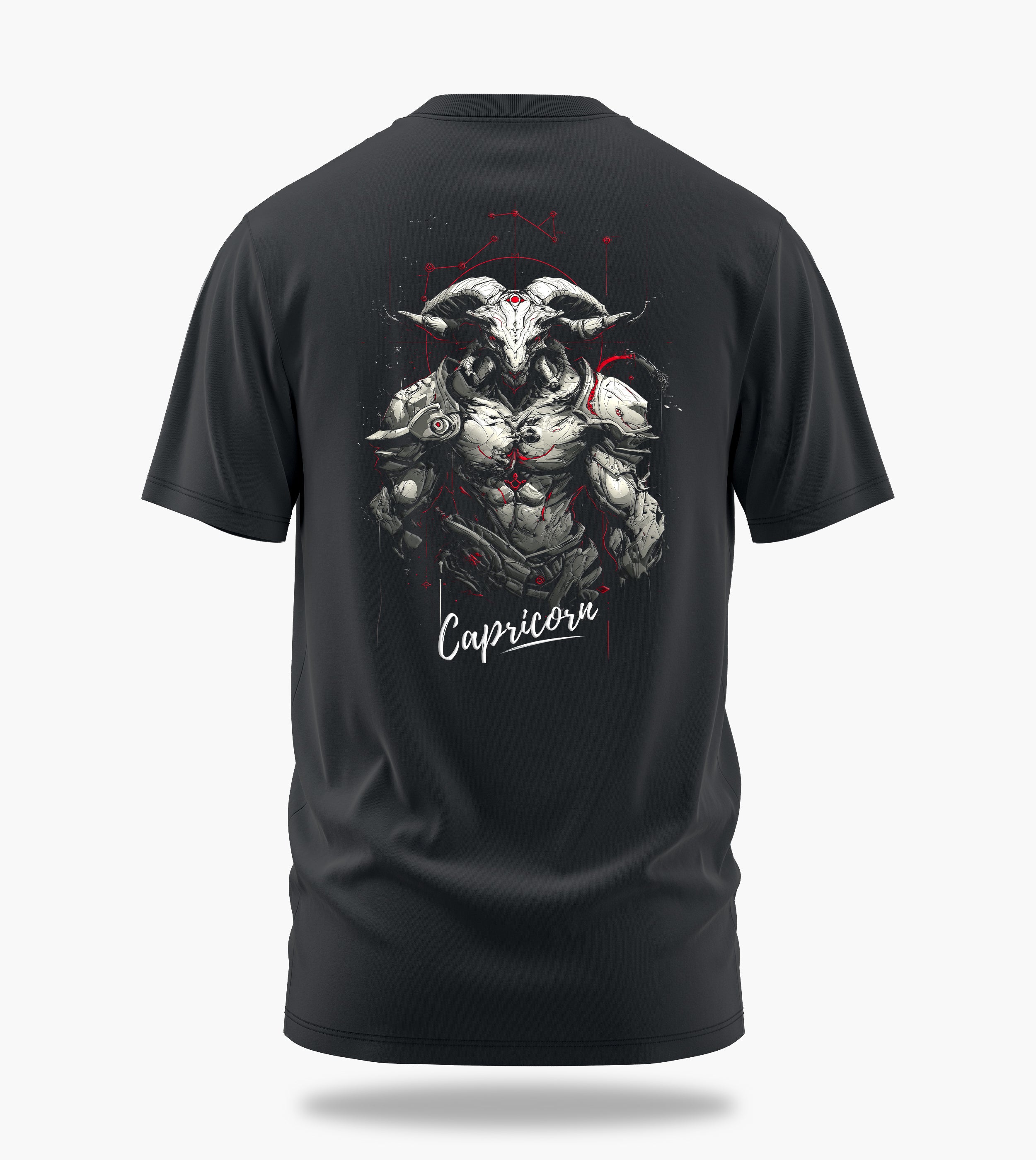 cosmic zodiac warrior capricorn backprint graphic t-shirt, steel grey, back view