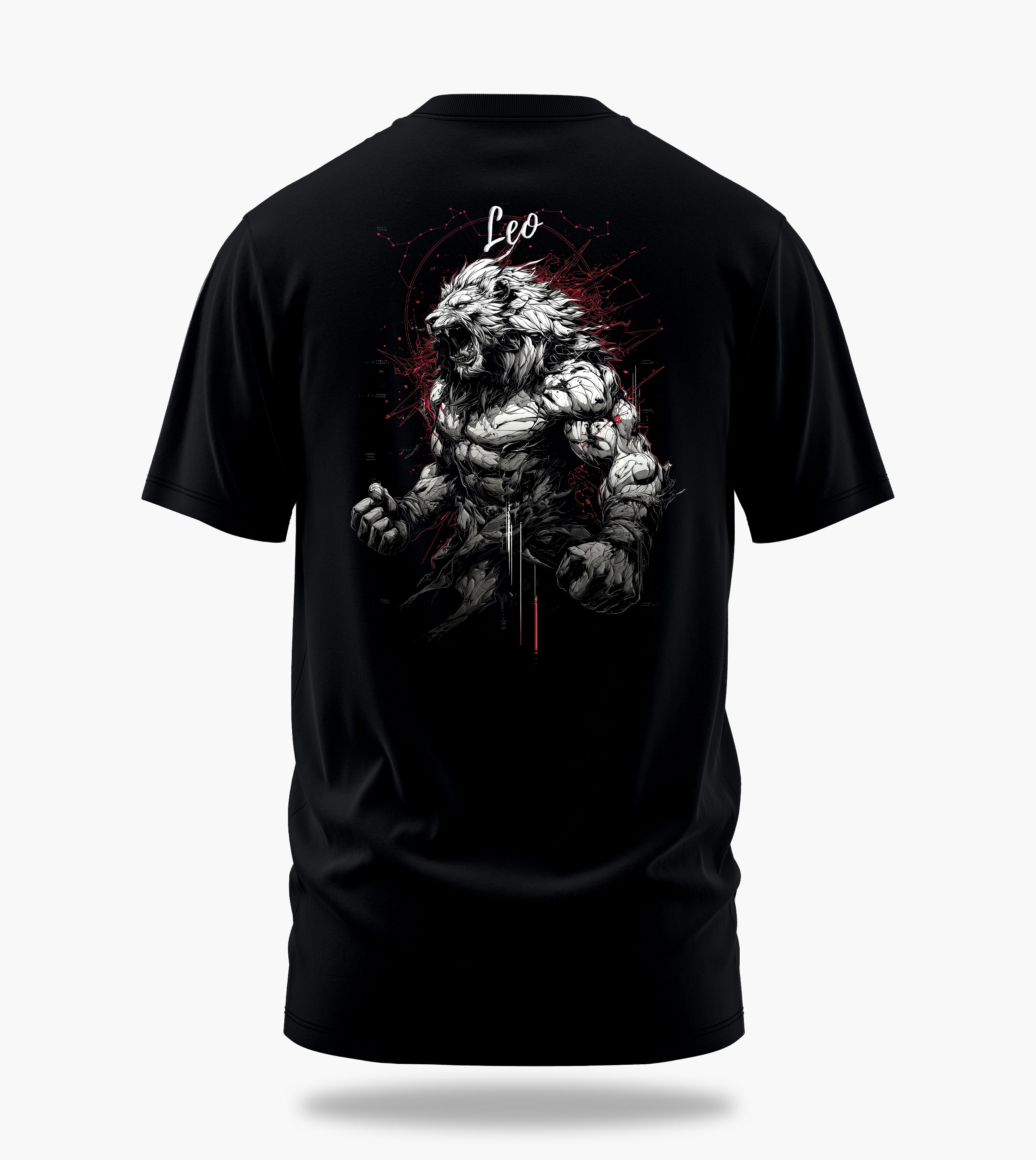 cosmic zodiac warrior leo backprint graphic t-shirt, black, back view