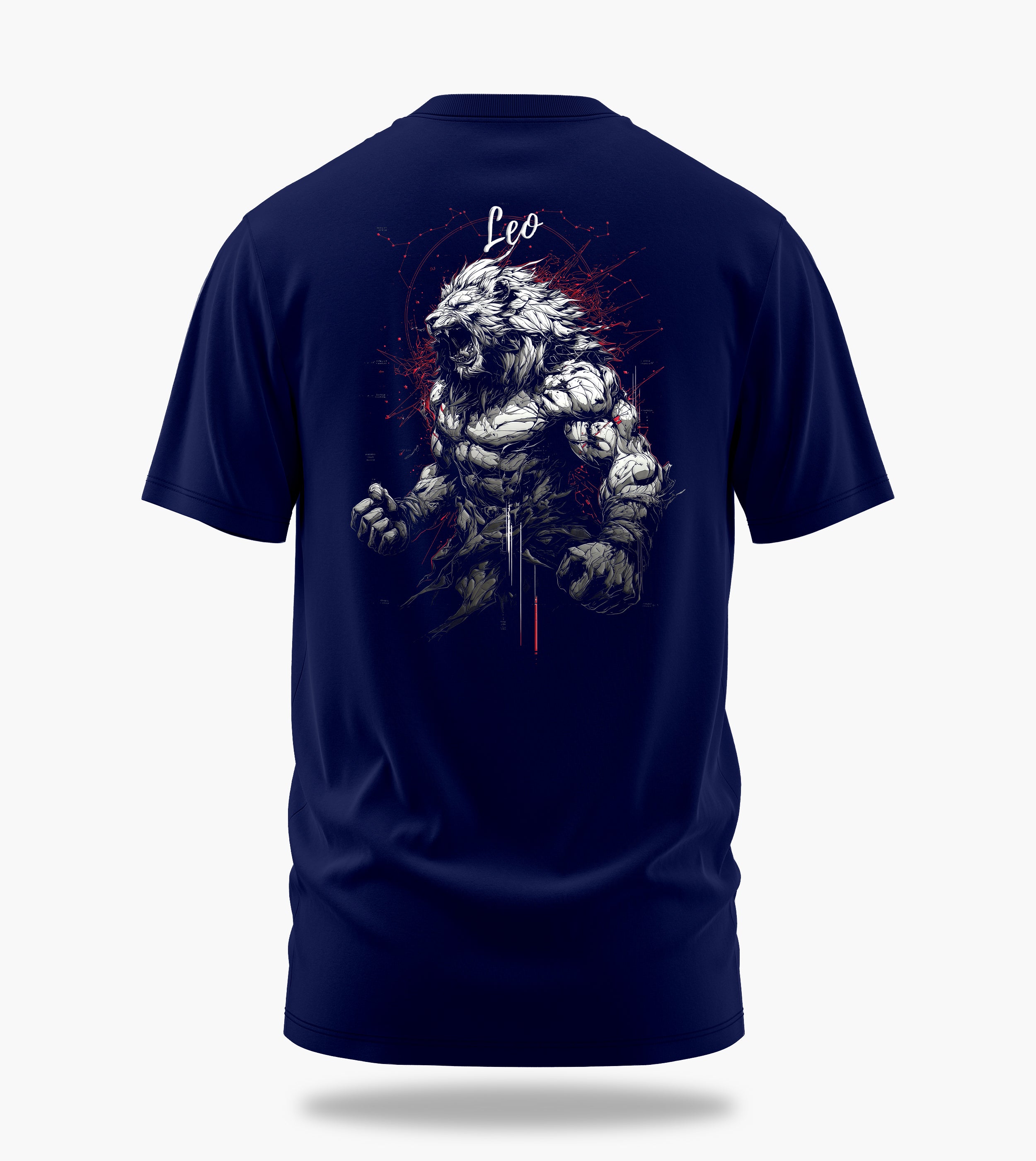cosmic zodiac warrior leo backprint graphic t-shirt, navy blue, back view