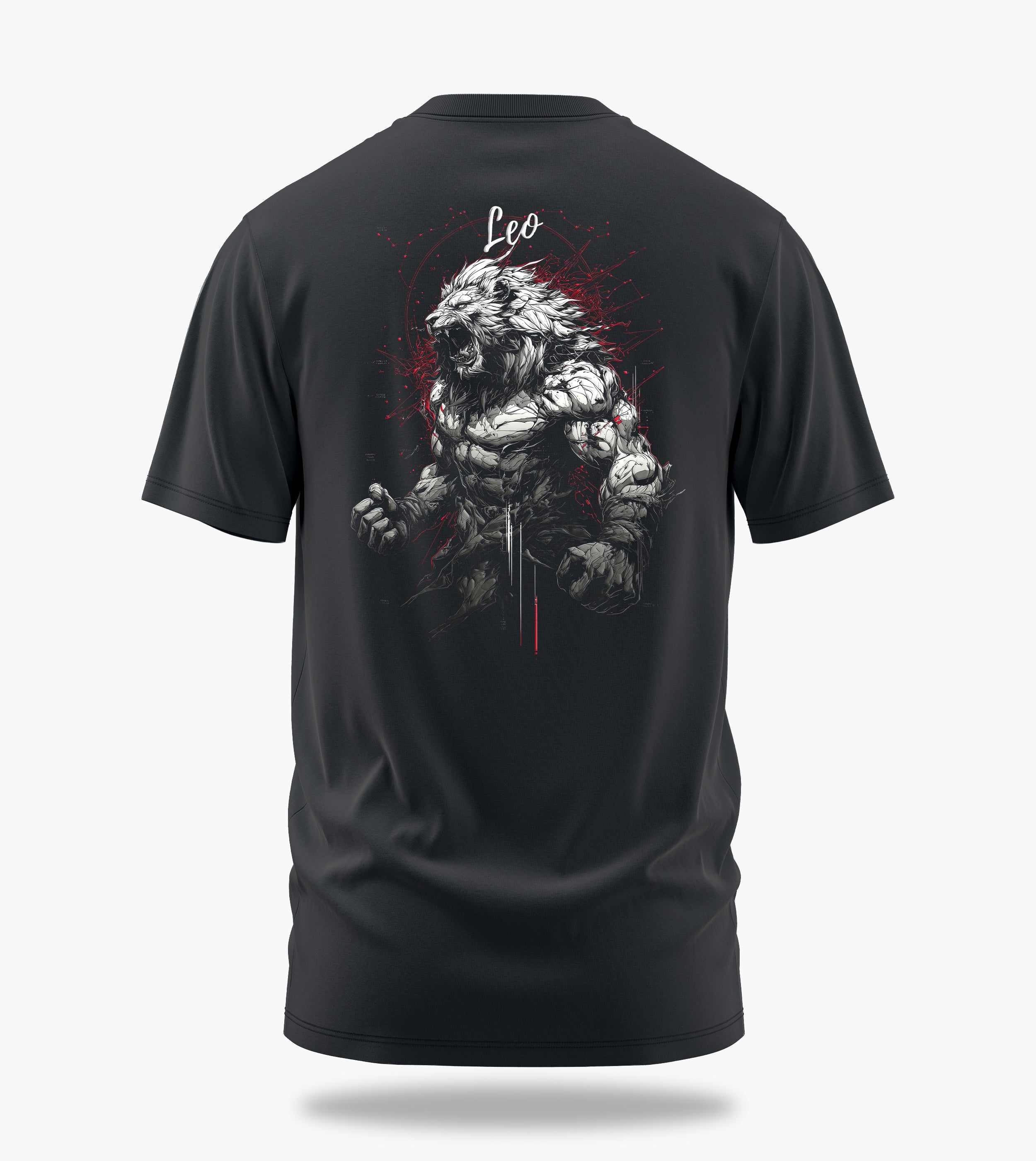 cosmic zodiac warrior leo backprint graphic t-shirt, steel grey, back view
