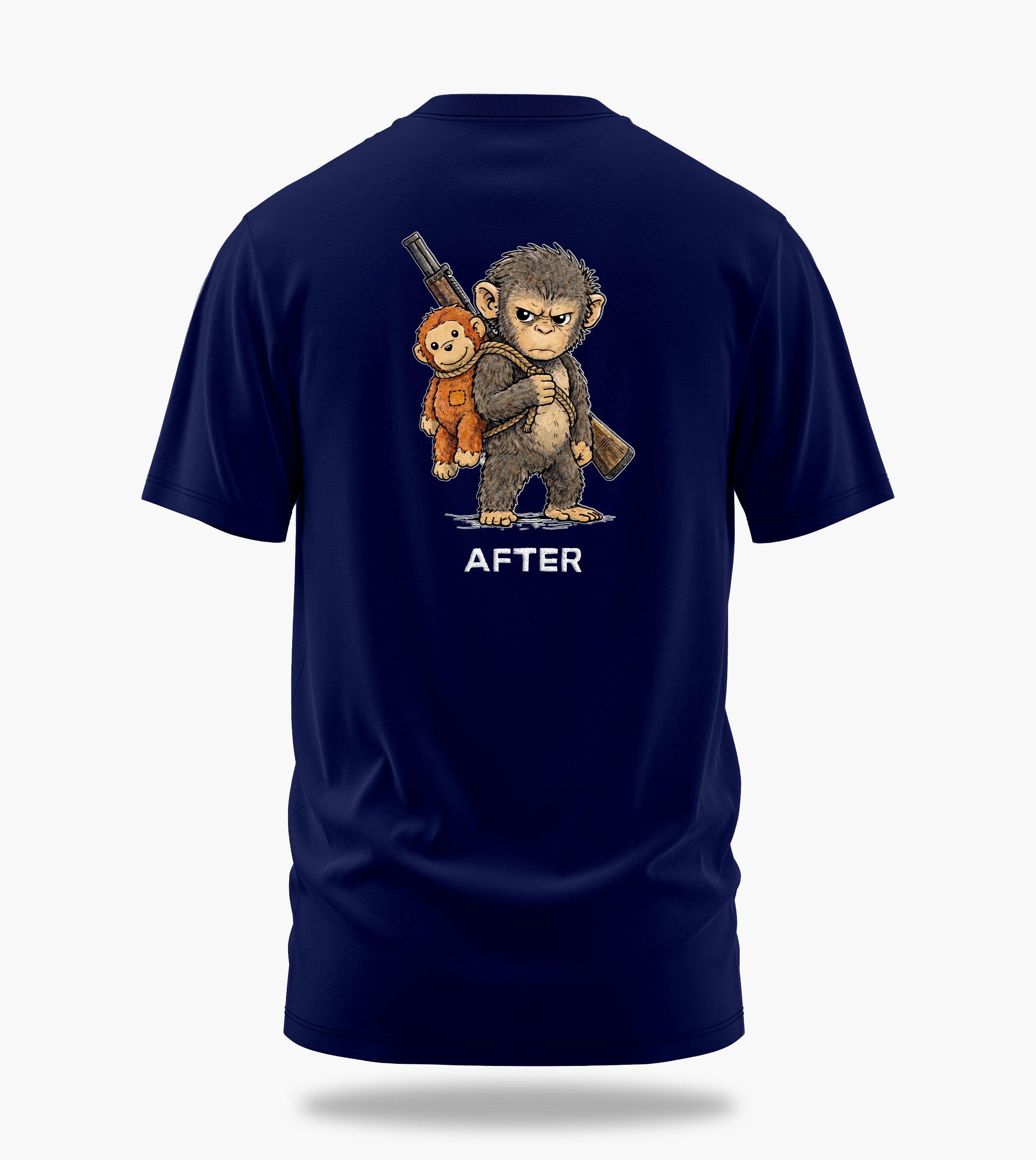 punch the baby monkey before after graphic t-shirt, navy blue, back view