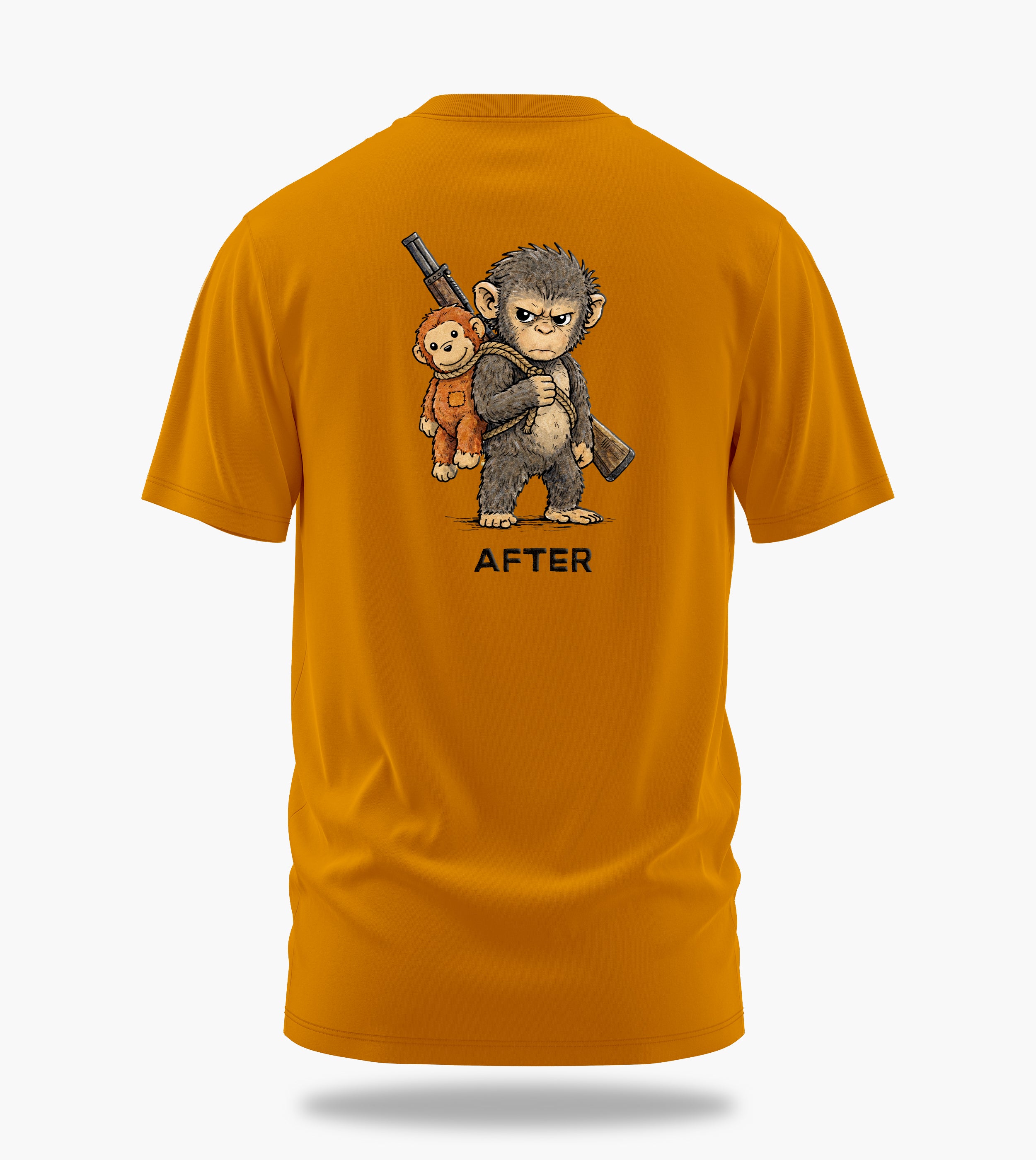 punch the baby monkey before after graphic t-shirt, golden yellow, back view
