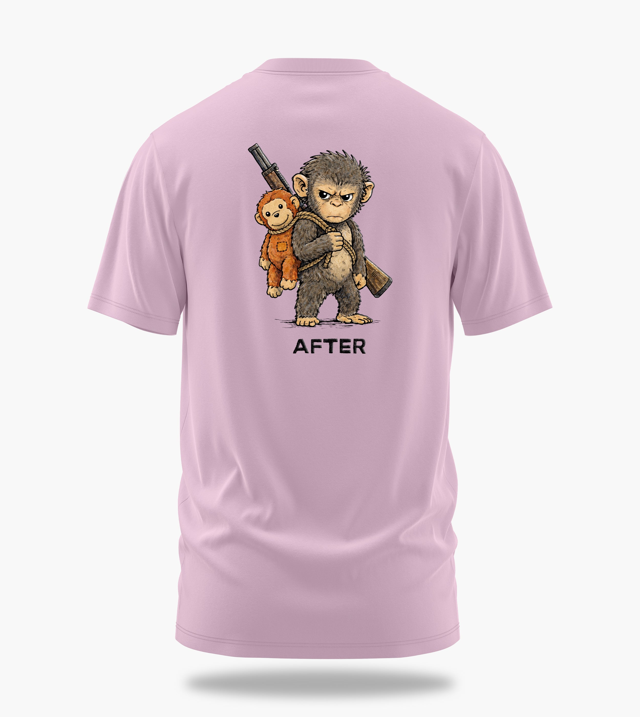 punch the baby monkey before after graphic t-shirt, light baby pink, back view