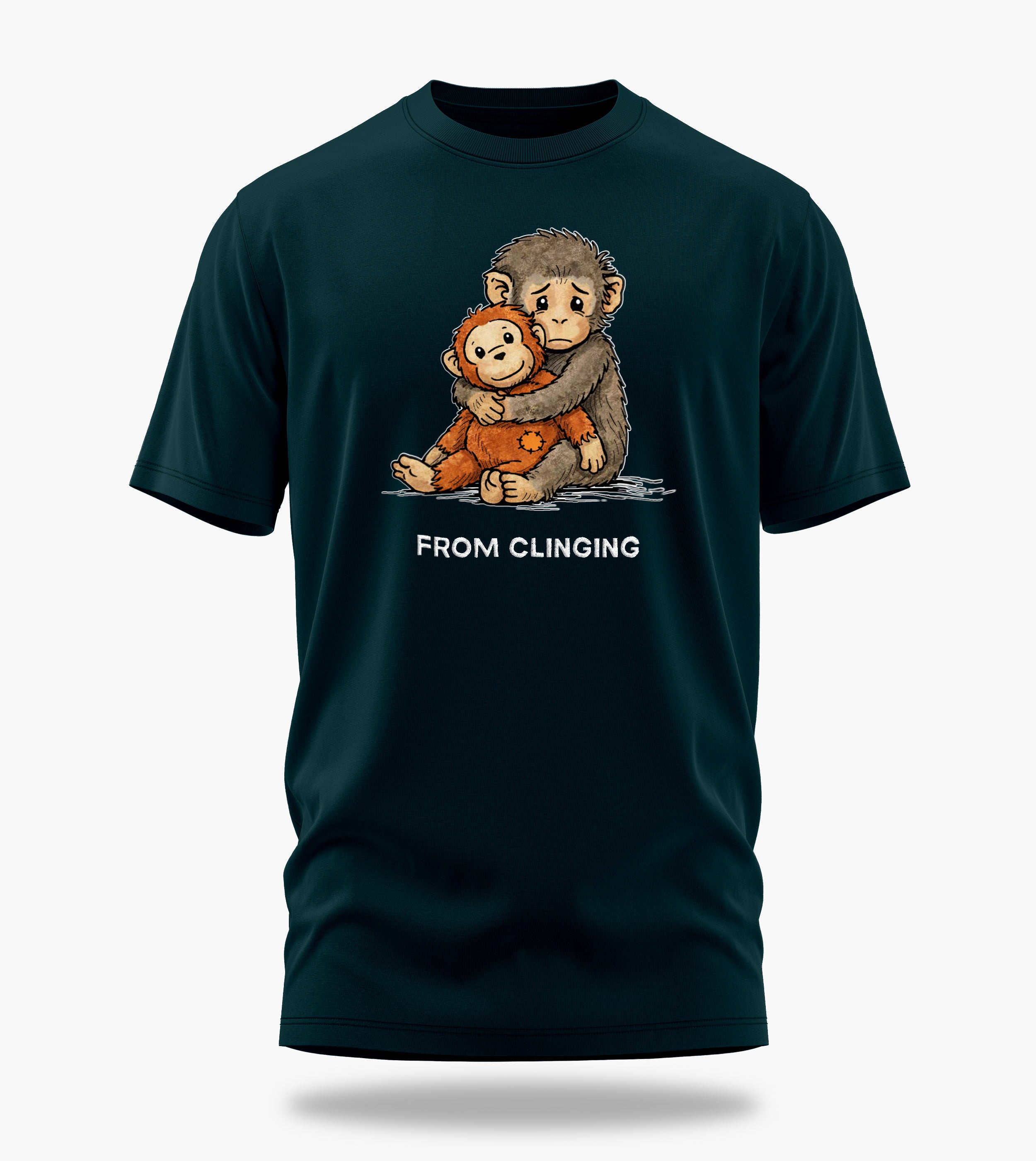 punch the baby monkey clinging to conquering graphic t-shirt, petrol blue, front view