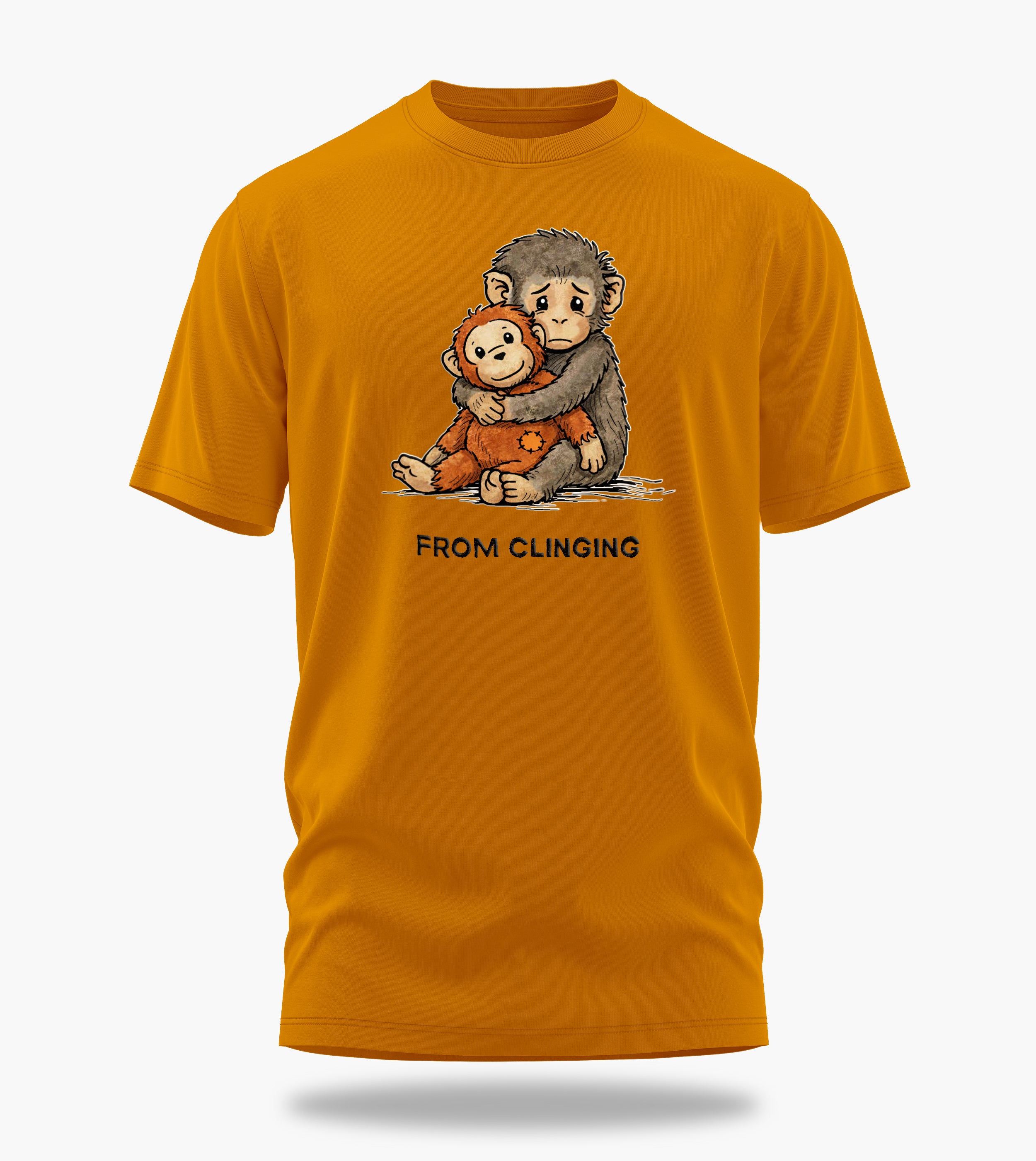 punch the baby monkey clinging to conquering graphic t-shirt, golden yellow, front view