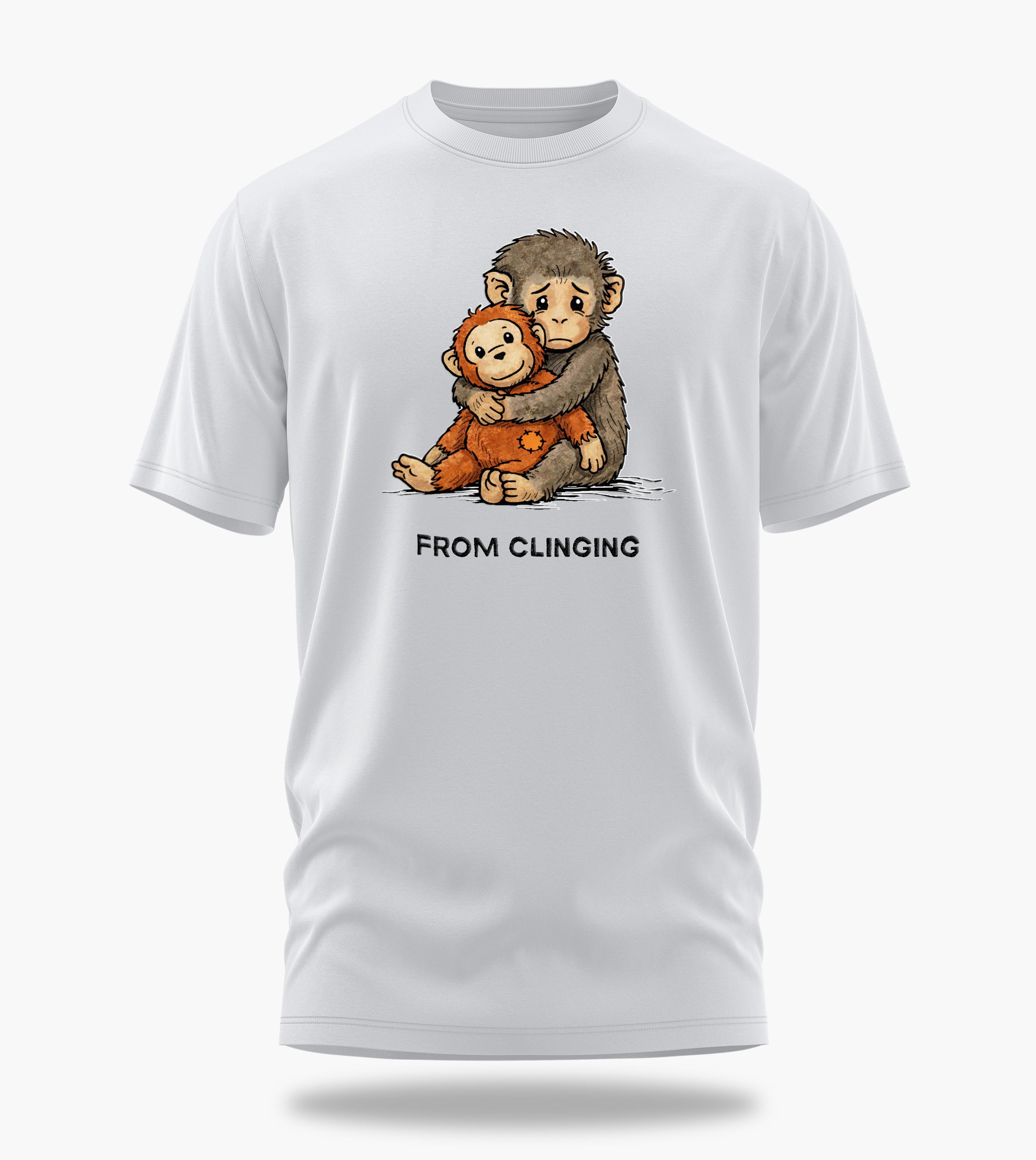 punch the baby monkey clinging to conquering graphic t-shirt, white, front view