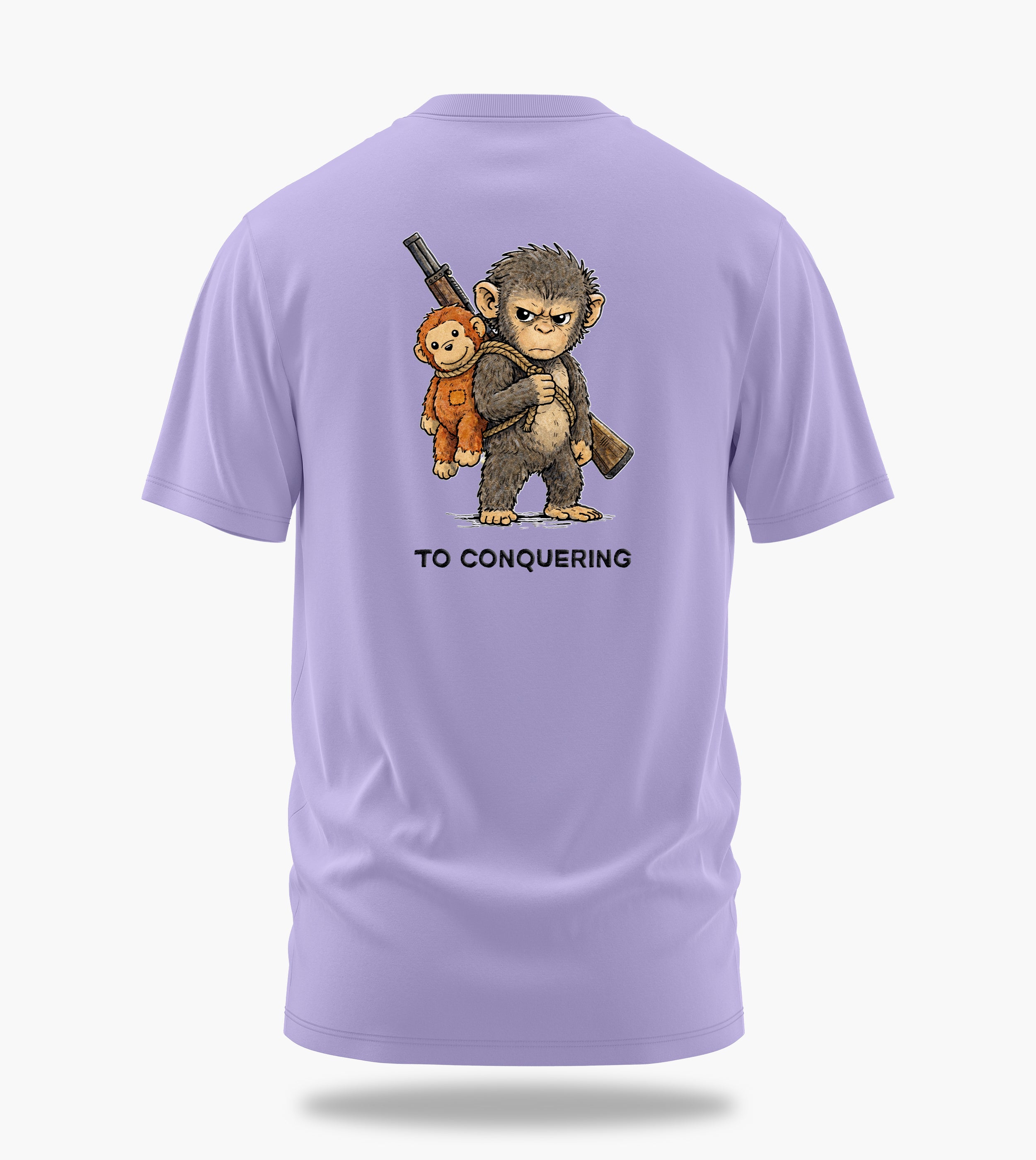 punch the baby monkey clinging to conquering graphic t-shirt, lavender, back view